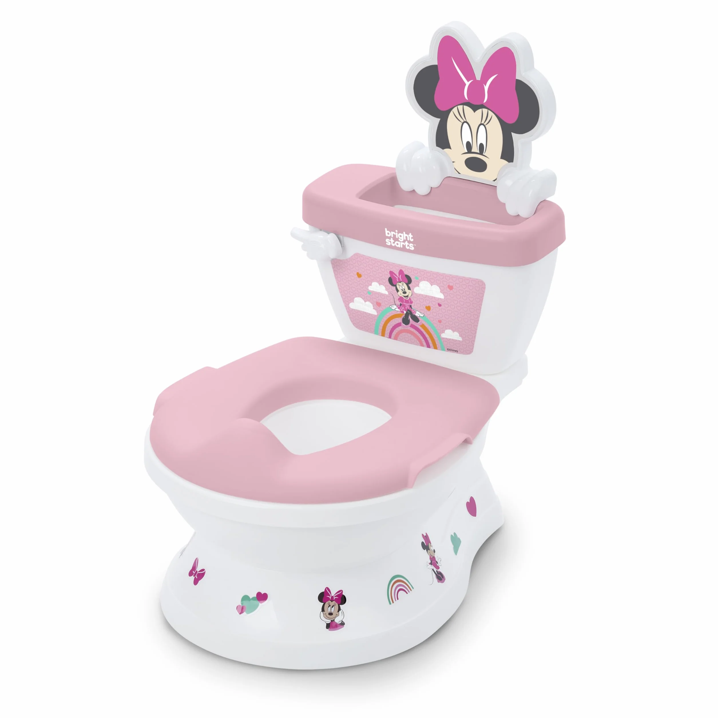 Disney Baby Minnie Mouse My Size toaleta do nauki korzystania z nocnika od Bright Starts, krzesło nocnika z dźwiękami spłukiwania i wiwatowania, zdejmowane siedzisko z ochroną przed zachlapaniem i