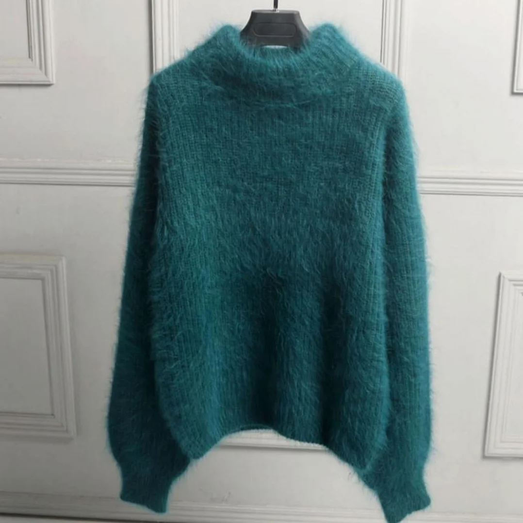 Damski zimowy sweter z mieszanki kaszmiru angora, luźny ciepły sweter, jednolity kolor, okrągły dekolt, dzianinowy pulower, puszysty sweter