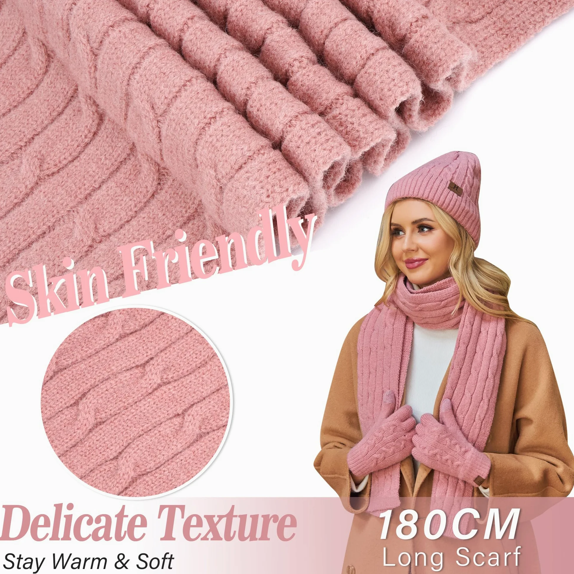ZASFOU Zestaw zimowy - damska czapka, szalik, rękawiczki do ekranu dotykowego, termiczna, dzianinowa czapka beanie, szalik zimowy, rękawiczki zimowe, prezent dla kobiet, Rosa, jeden rozmiar