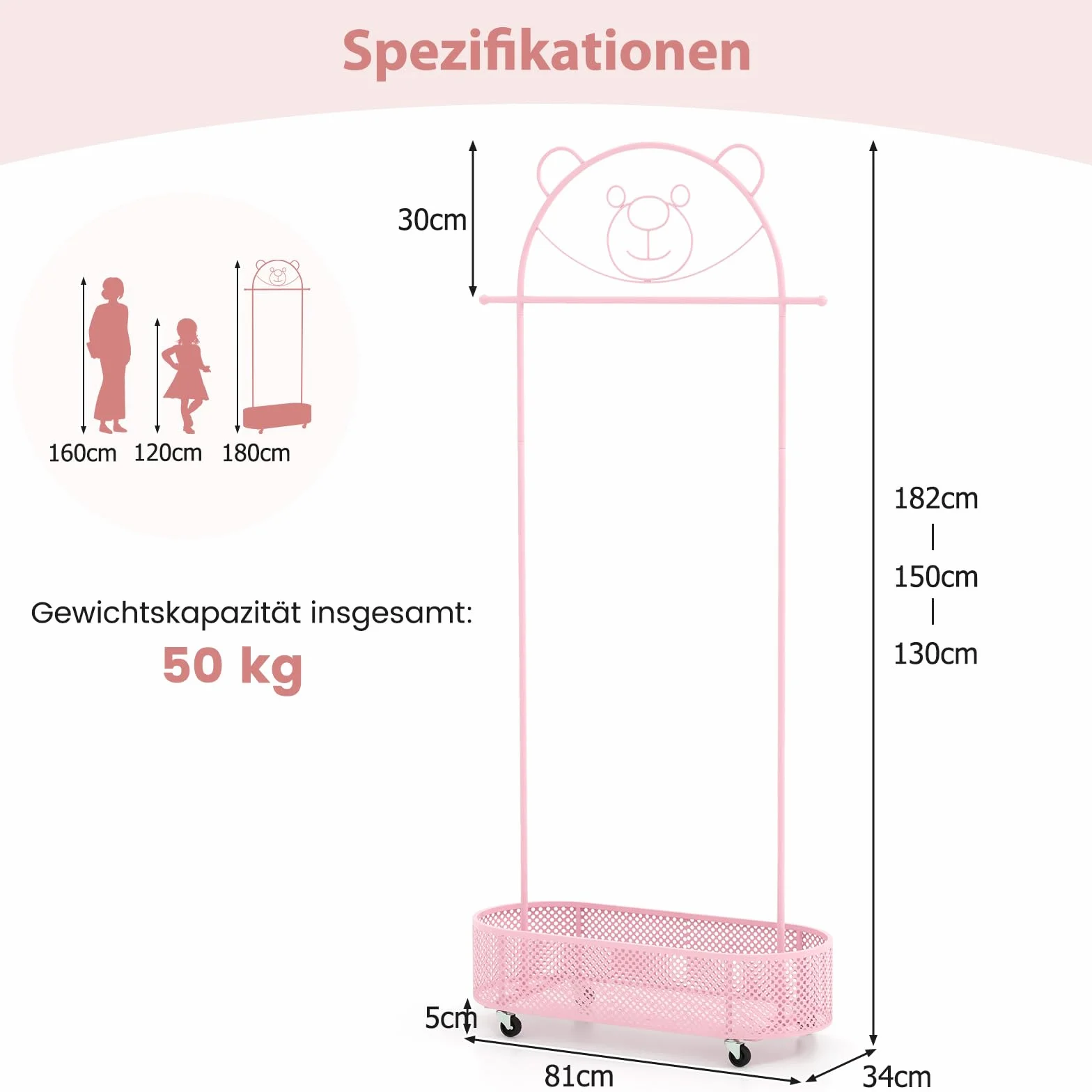 COSTWAY Wieszak na ubrania dla dzieci, wieszak na ubrania na kółkach z drążkami na ubrania z regulacją wysokości, wieszak z koszem i dekoracją misia, wózek na ubrania do pokoju dziecięcego, 81 x 34 x