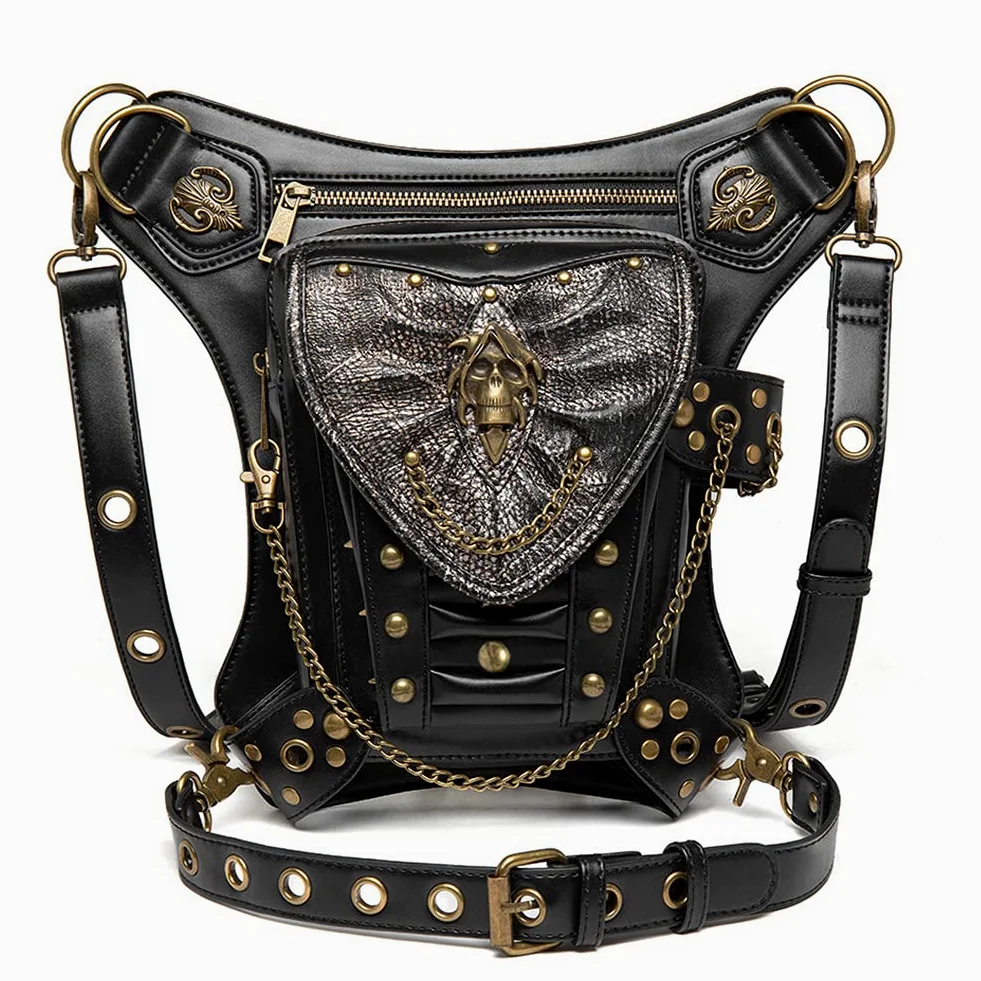 Steampunk nerka skórzana nerka torba na nogę motocykl ramię crossbody torebka biodrowa kabura pasek torebka podróżna wędrówki sport, Złoty, Jeden rozmiar