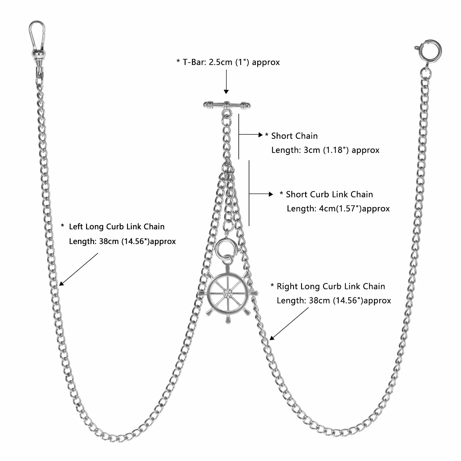TREEWETO Łańcuszek do zegarka kieszonkowego z końcówką T Bar długość całkowita 72 cm podwójny Albert T-Bar zegarek kieszonkowy łańcuszek z antyczną zawieszką i 3 haczykami do kamizelki dziurki na