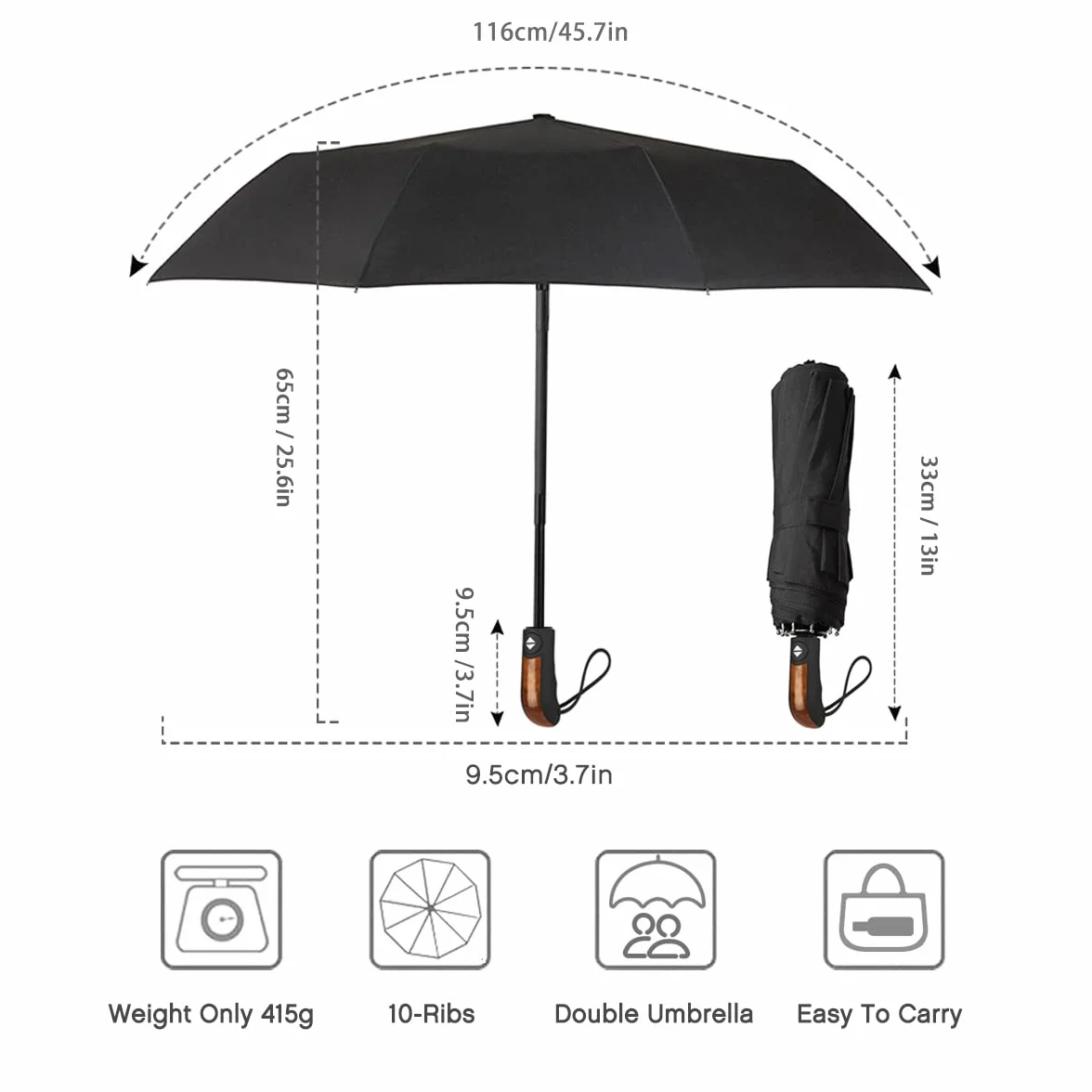 ECHOICE Parasol kieszonkowy automatyczny XL, wiatroszczelny do 140 km/h, 10 żeber stal nierdzewna, powłoka teflonowa, czarny