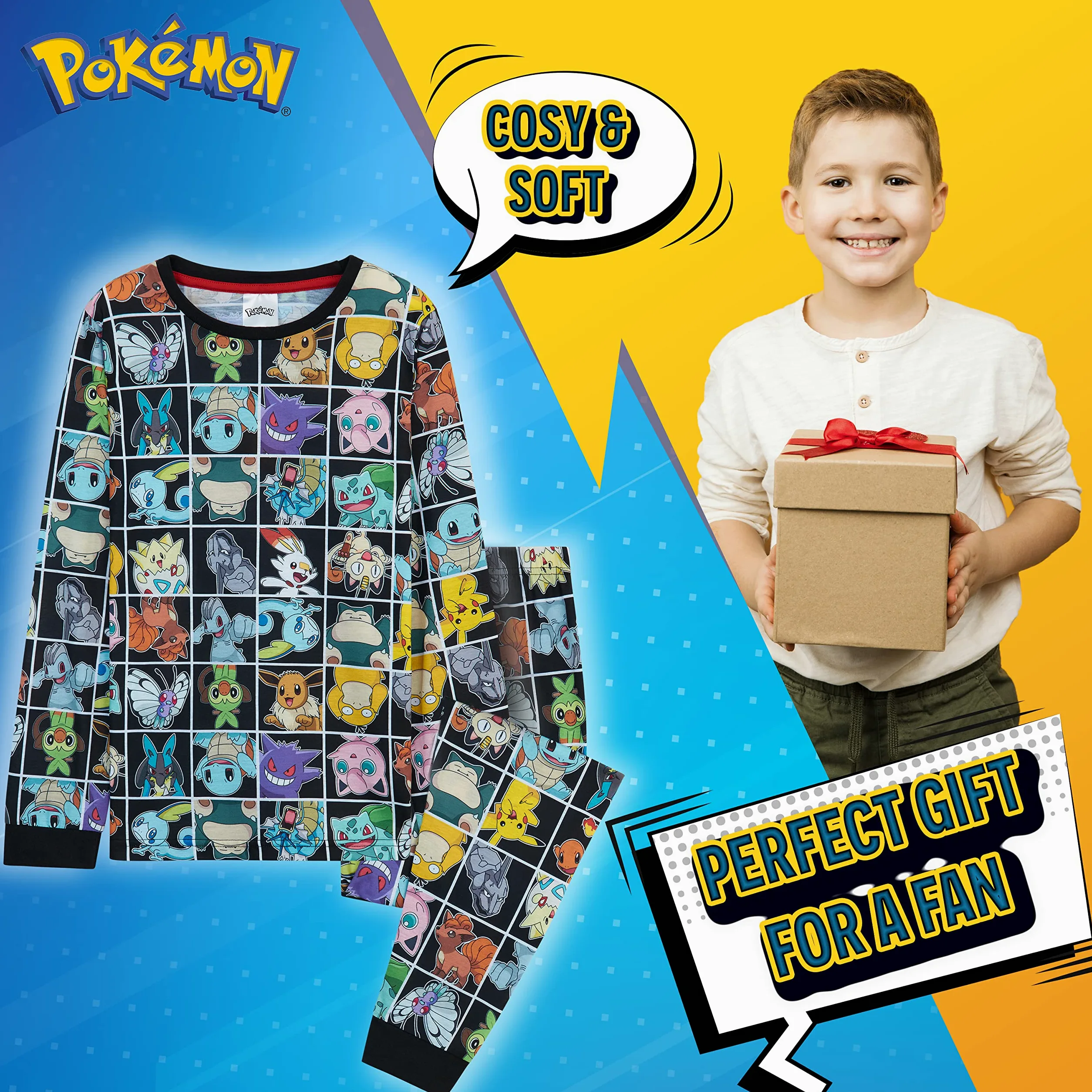 Pokémon Piżama dla chłopców, 2-częściowy zestaw piżam dziecięcych z Snorlax, Pikachu, Squirtle, Bulbasaur i Charmender, koszulka z długim rękawem, 100% bawełniana bielizna nocna dla dzieci, prezent dla chłopców, Czarny