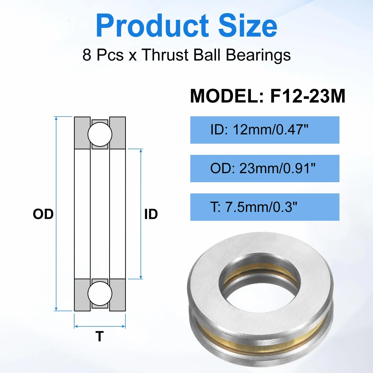 QUARKZMAN 8 sztuk łożysk osiowych F12-23M, 12 mm x 23 mm x 7,5 mm miniaturowe łożyska ograniczające z podkładkami stalowymi chromowanymi jednokierunkowymi dla systemów przenośnikowych narzędzi