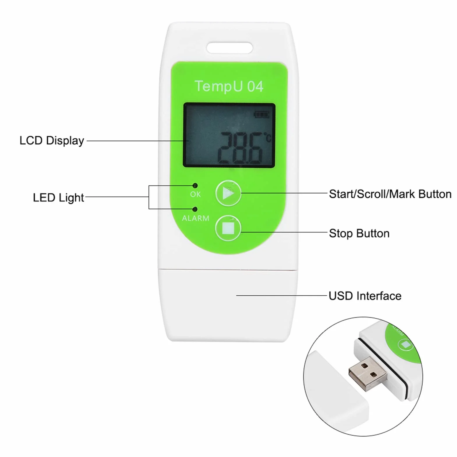 Rejestrator Temperatury, Cyfrowy Rejestrator Danych Temperatury USB z Raportami PDF i CSV Wielokrotnego Użytku Rejestrator Temperatury 32000 Punktów, Wyświetlacz LCD o Wysokiej