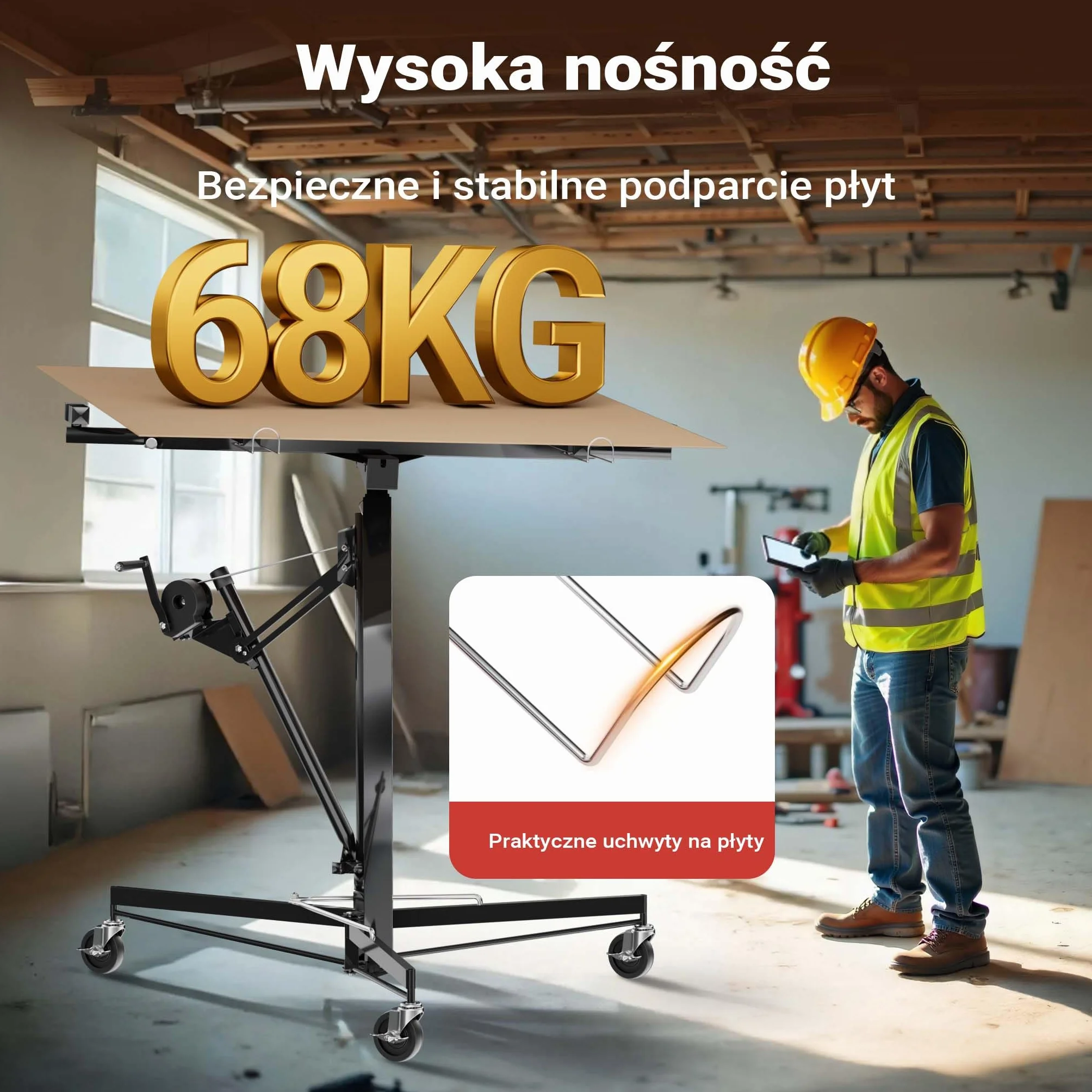 Podnośnik do paneli Wiltec XXL do maks. 68 kg, wysokość 140-350 cm, maks. szerokość 2,90 m, pomoc w montażu płyt kartonowo-gipsowych, obsługa przez 1 osobę, 3 koła z hamulcem postojowym, czarny