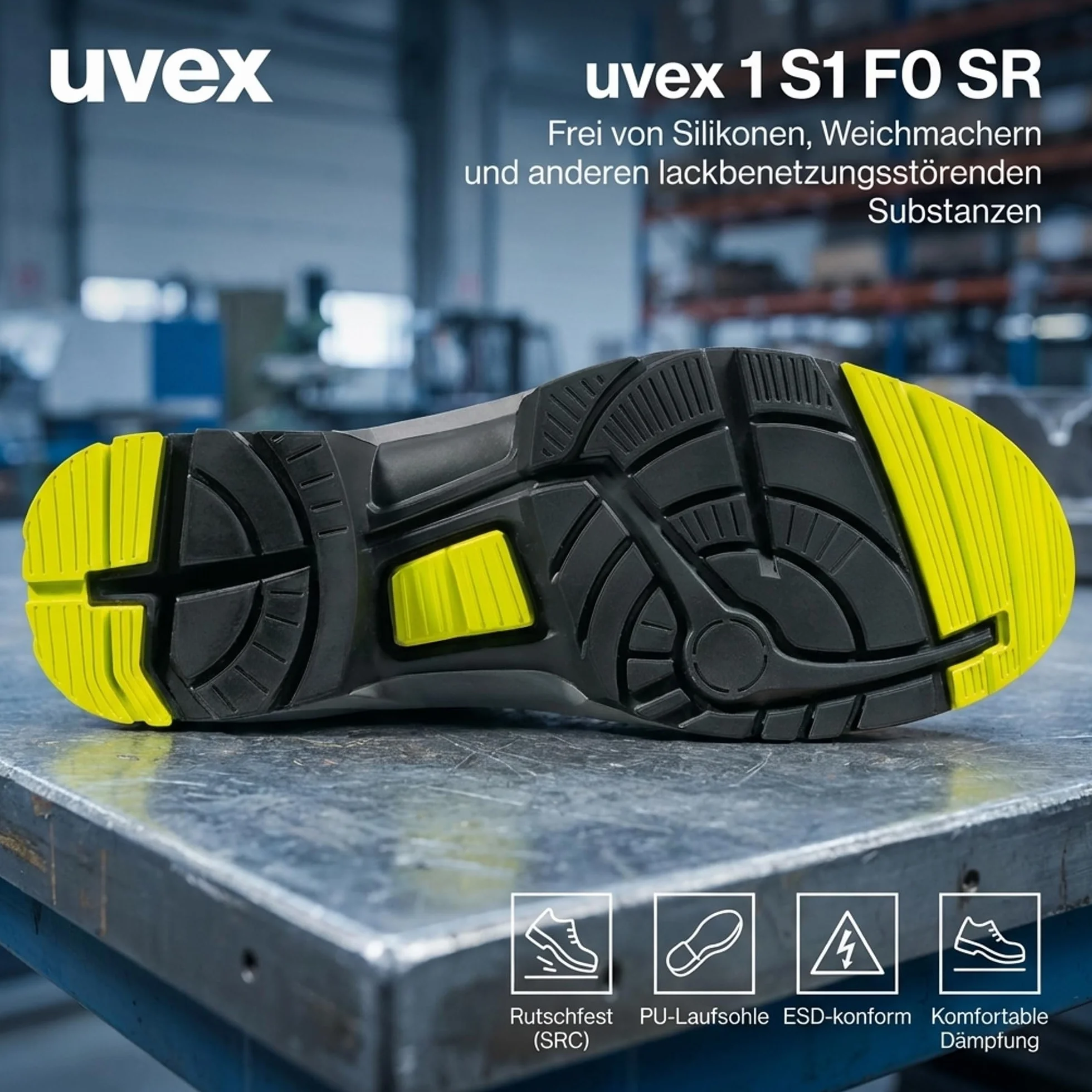uvex 1 perforowane półbuty, buty ochronne S1 SRC, buty robocze dla kobiet i mężczyzn, czarne/limonkowe