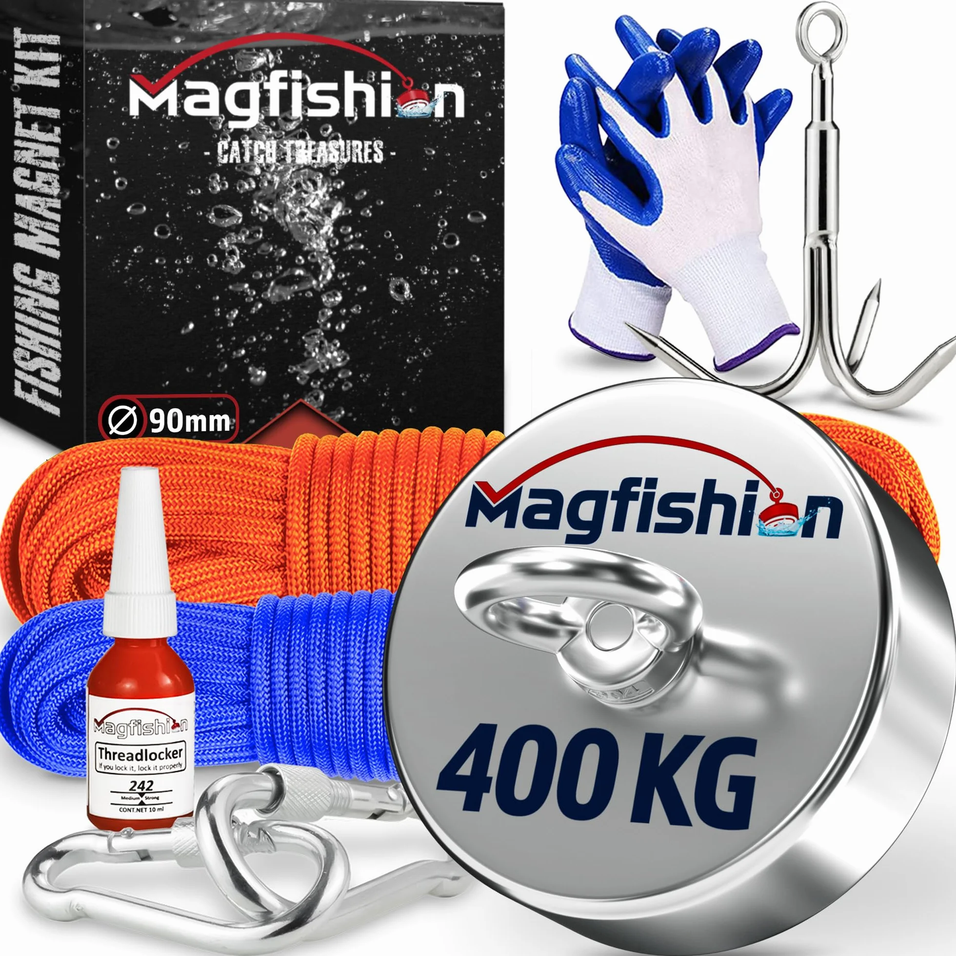 MAGFISHION Mega Zestaw do Magnetycznego Wędkarstwa - Siła Przyciągania 400KG - Ø90mm - Magnes Neodymowy z 2 Linami & Rękawice - Idealny do Magnetycznego Wędkarstwa - Magnes Ryba