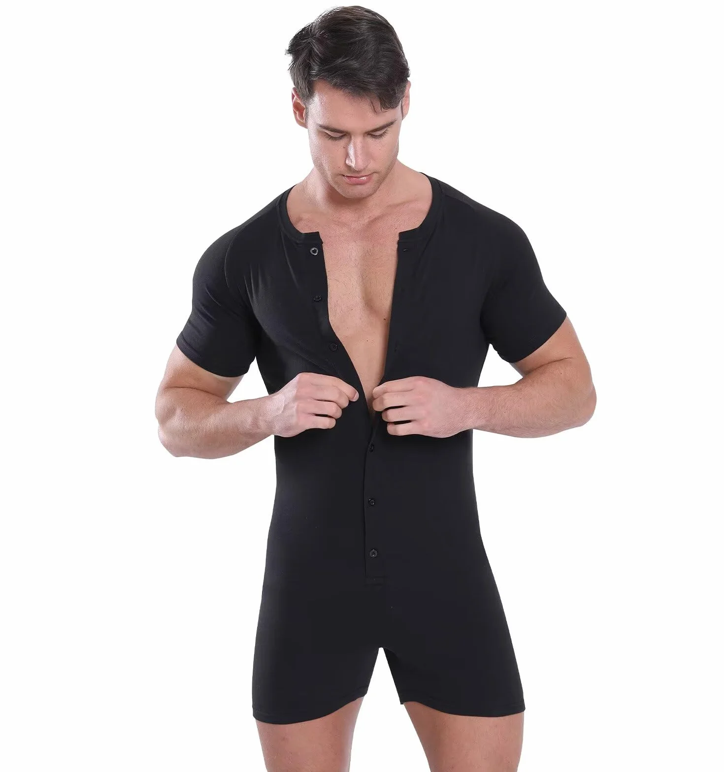 Landofgenie Mężczyźni Onesie Krótki Rękaw Bodysuit One Piece Pidżama Rompers Dolna Koszula Krocza