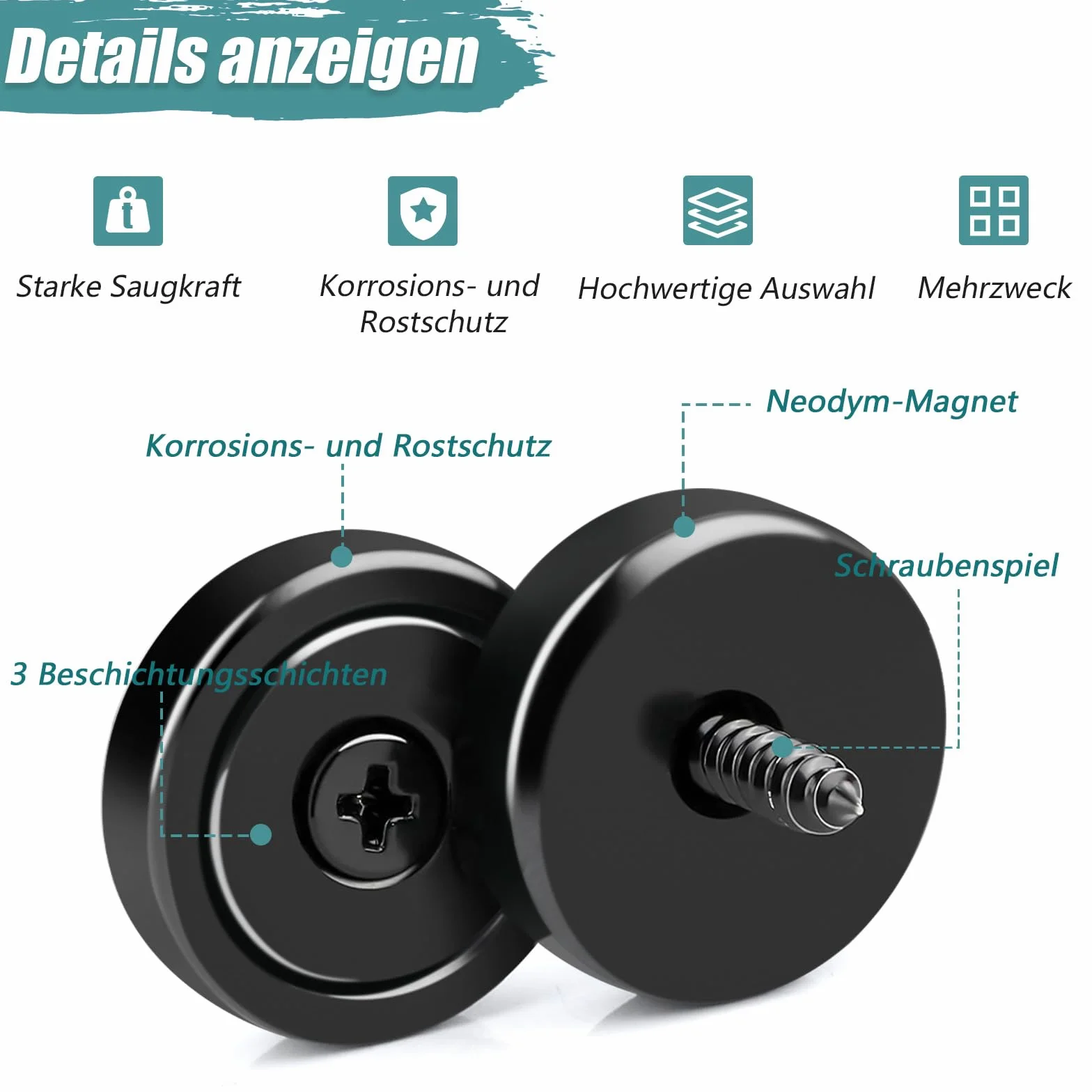 Magnesy neodymowe, mocne, 25 x 7 mm, czarne, bardzo mocne 30 kg, z otworem i kapsułką, do kuchni, łazienki, biura, magazynu, 6 sztuk