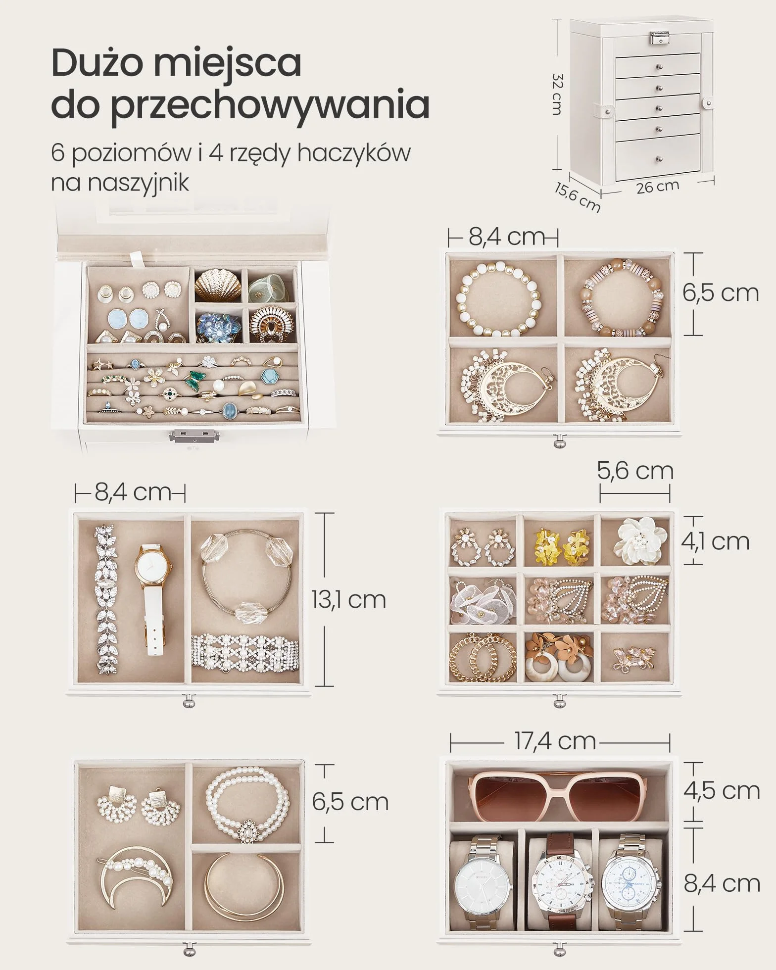 SONGMICS szkatułka na biżuterię, na Boże Narodzenie, duża 6-poziomowa, pudełko na biżuterię z bocznymi drzwiczkami na zawiasach, szufladami, lustrem i zamknięciem, na zegarki, biały JBC152W01