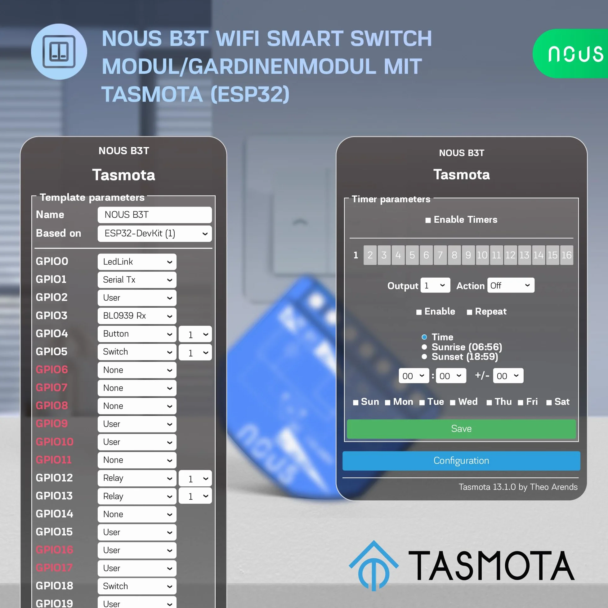 NOUS Moduł przełączający WiFi Tasmota, 16 A, 2 kanały z pomiarem mocy/moduł kurtyny 1 kanał, ESP32, czujnik temperatury, Matter & MQTT, suche styki, kompatybilny z Alexa, Home Assistant, Google Home,