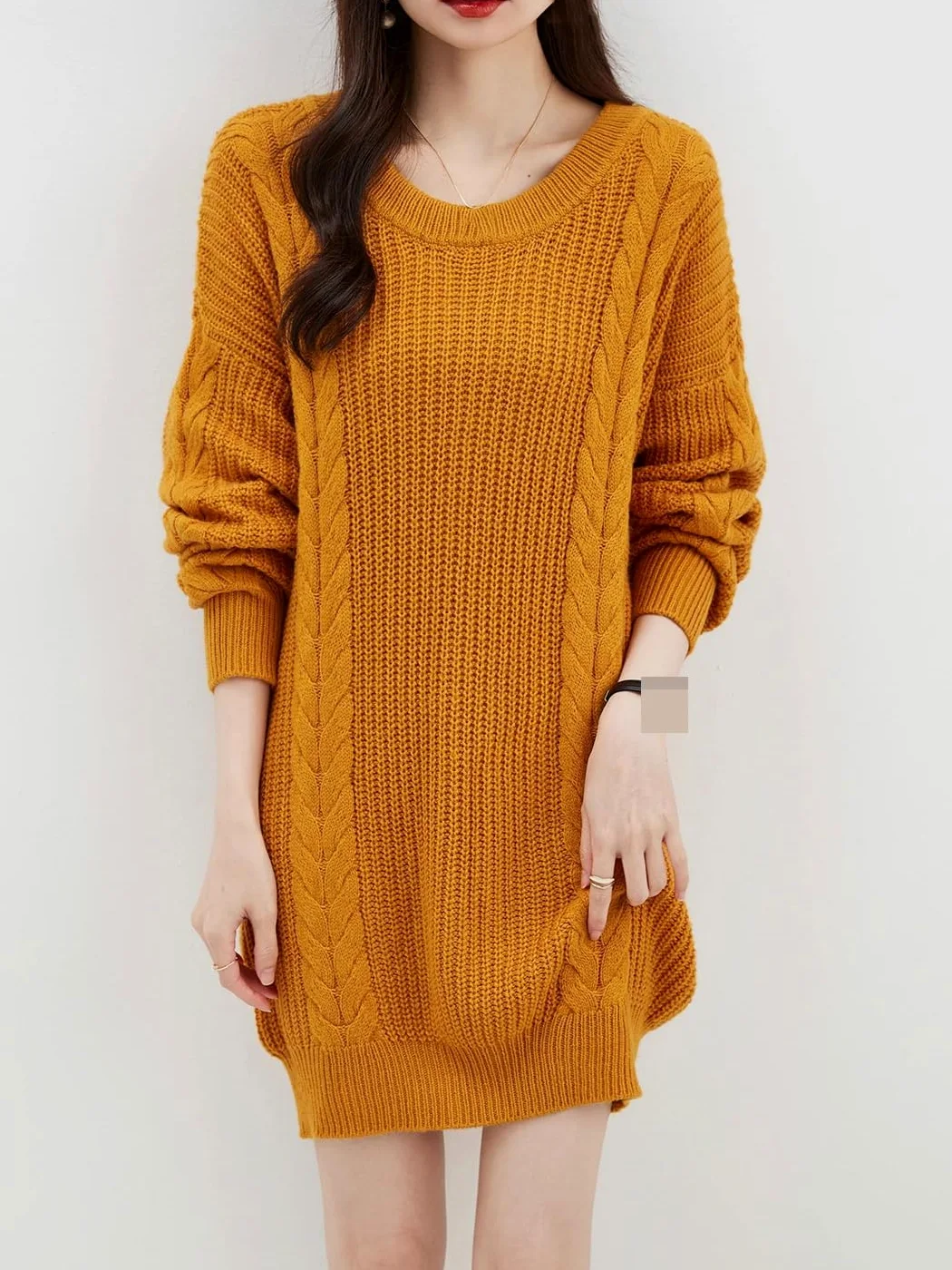 Disimlarl Damski sweter oversize, jesienno-zimowy, ciepły sweter z okrągłym dekoltem, długi rękaw, dzianinowy, długi sweter, wełniany sweter
