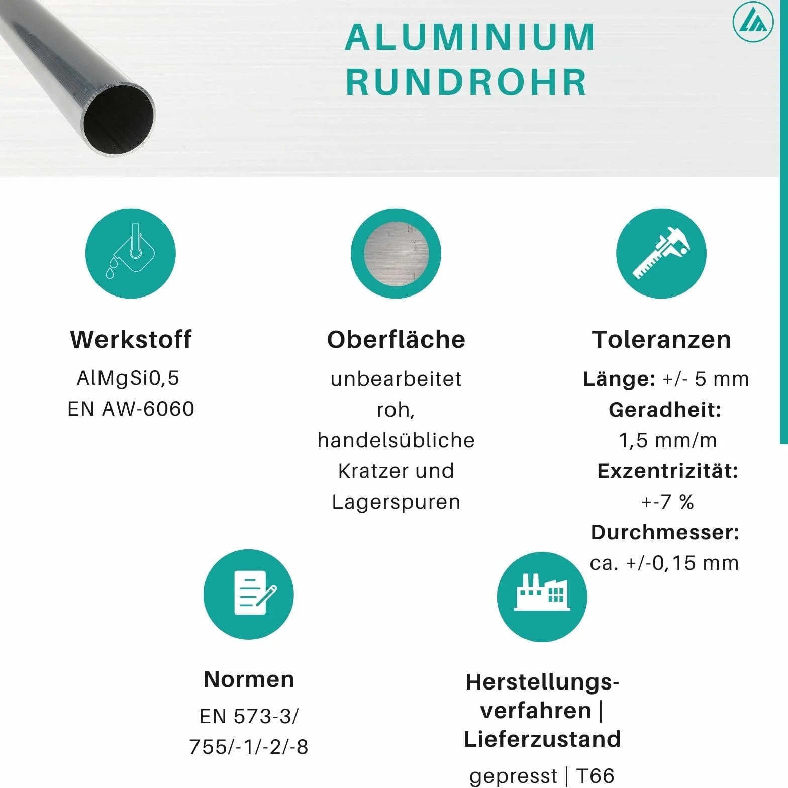 Aluminiowa rura okrągła | AlMgSi0,5 | EN AW-6060 | pusta/surowa | Ø 45 x 5 mm | długość: 1000 ± 5 mm