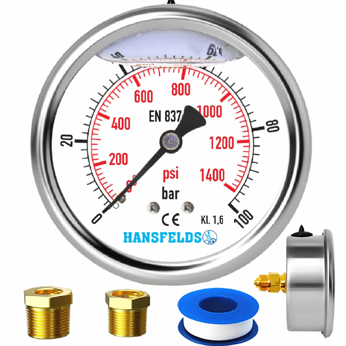 Manometr Hansfelds 0–100 bar/PSI, tarcza 63 mm, tylne przyłącze mosiężne G1/4" BSP, wypełniony cieczą (gliceryną), klasa dokładności 1.6, w zestawie 2 redukcje na 3/8" oraz 1/2".