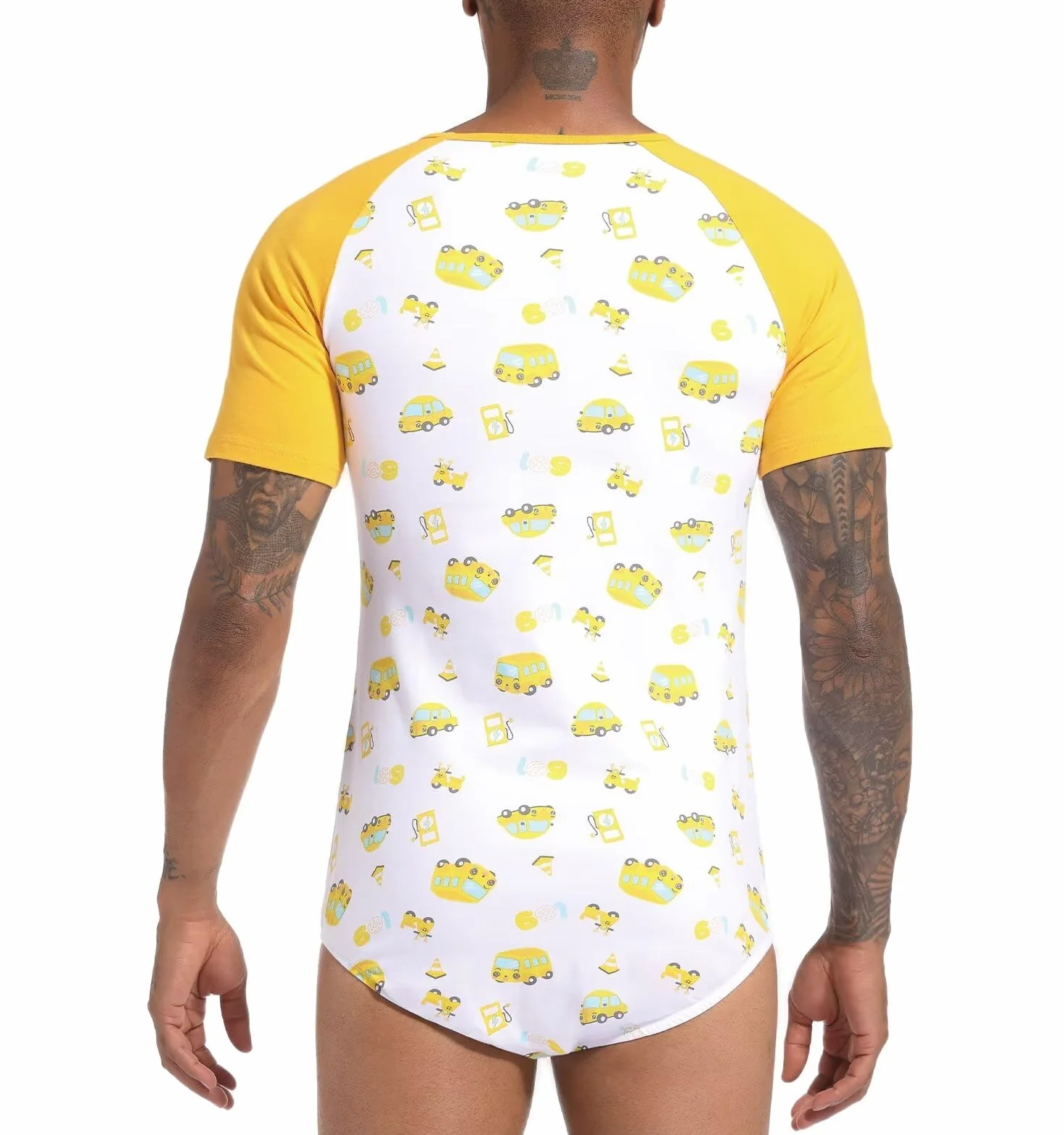 Landofgenie Męskie Bodysuit Piżama Dolne Krocze Top Koszula Raglan Rękawy Onesie Rompers dla Mężczyzn Drukowanie samochodów kreskówek