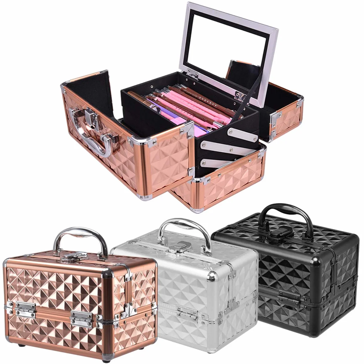 COSTWAY kuferek kosmetyczny Beauty Case z lustrem, srebro, 23 x 15 x 18cm