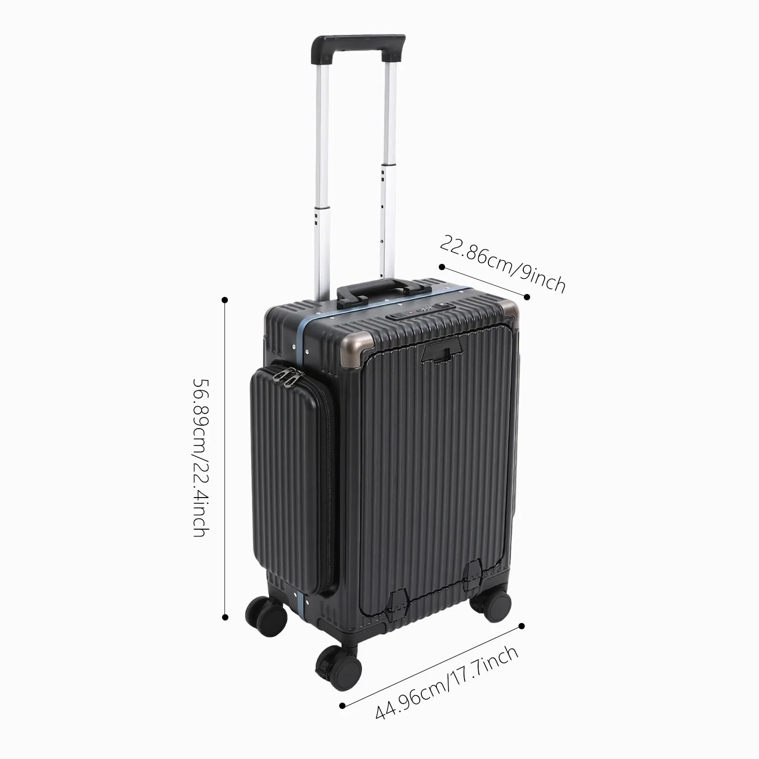 Wielofunkcyjna walizka podróżna na kółkach, trzy otwory, z uchwytem na napoje, zamkiem szyfrowym, portami USB i typu C, nośność ok. 75 kg, czarny, 20 Zoll, Nowoczesny