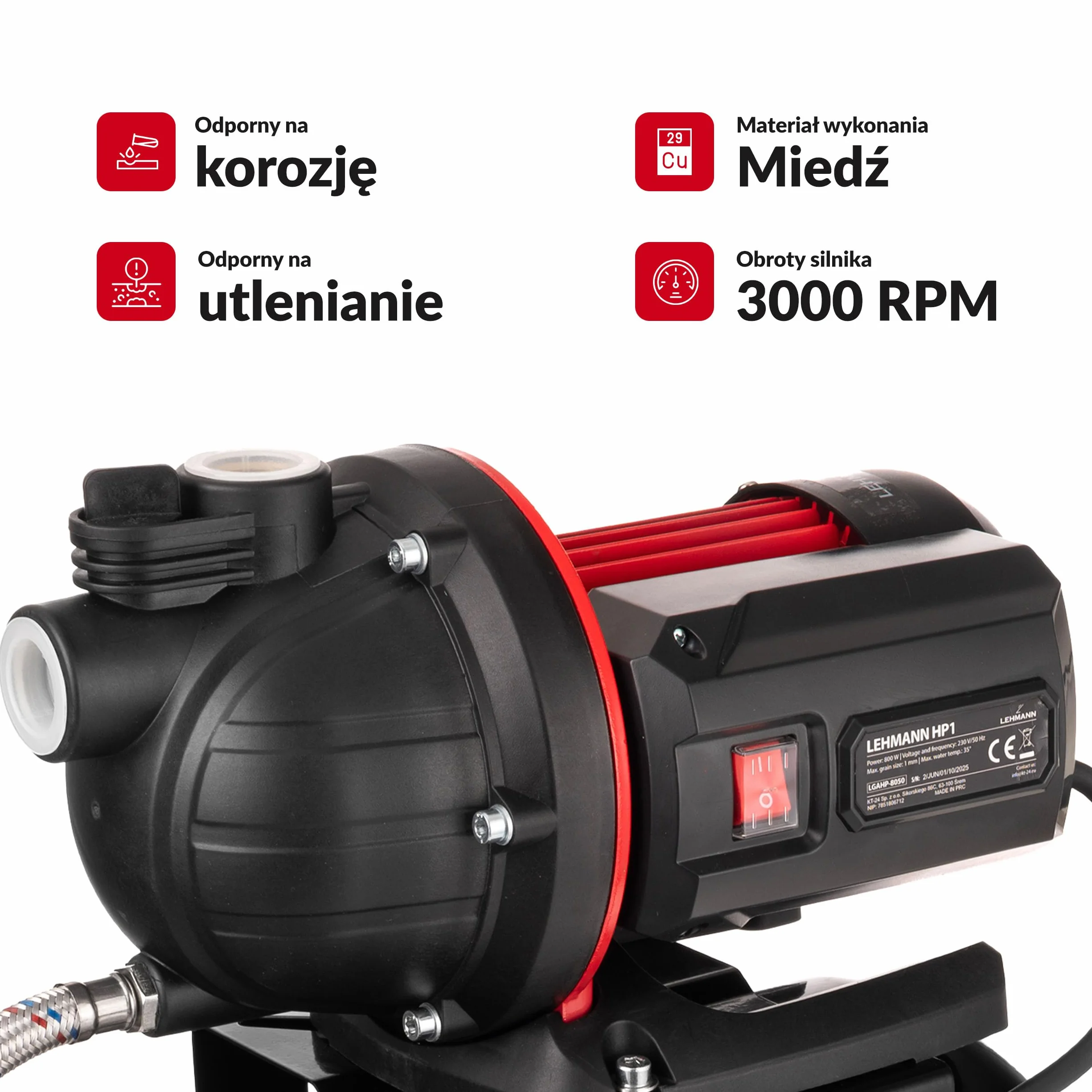 LEHMANN Hydrofor domowy HP1, 800 W, 5200 l/h, zbiornik ciśnieniowy ze stali nierdzewnej 19 l, wysokość tłoczenia 43 m, silnik bezobsługowy, samozasysający, zabezpieczenie przed pracą na sucho