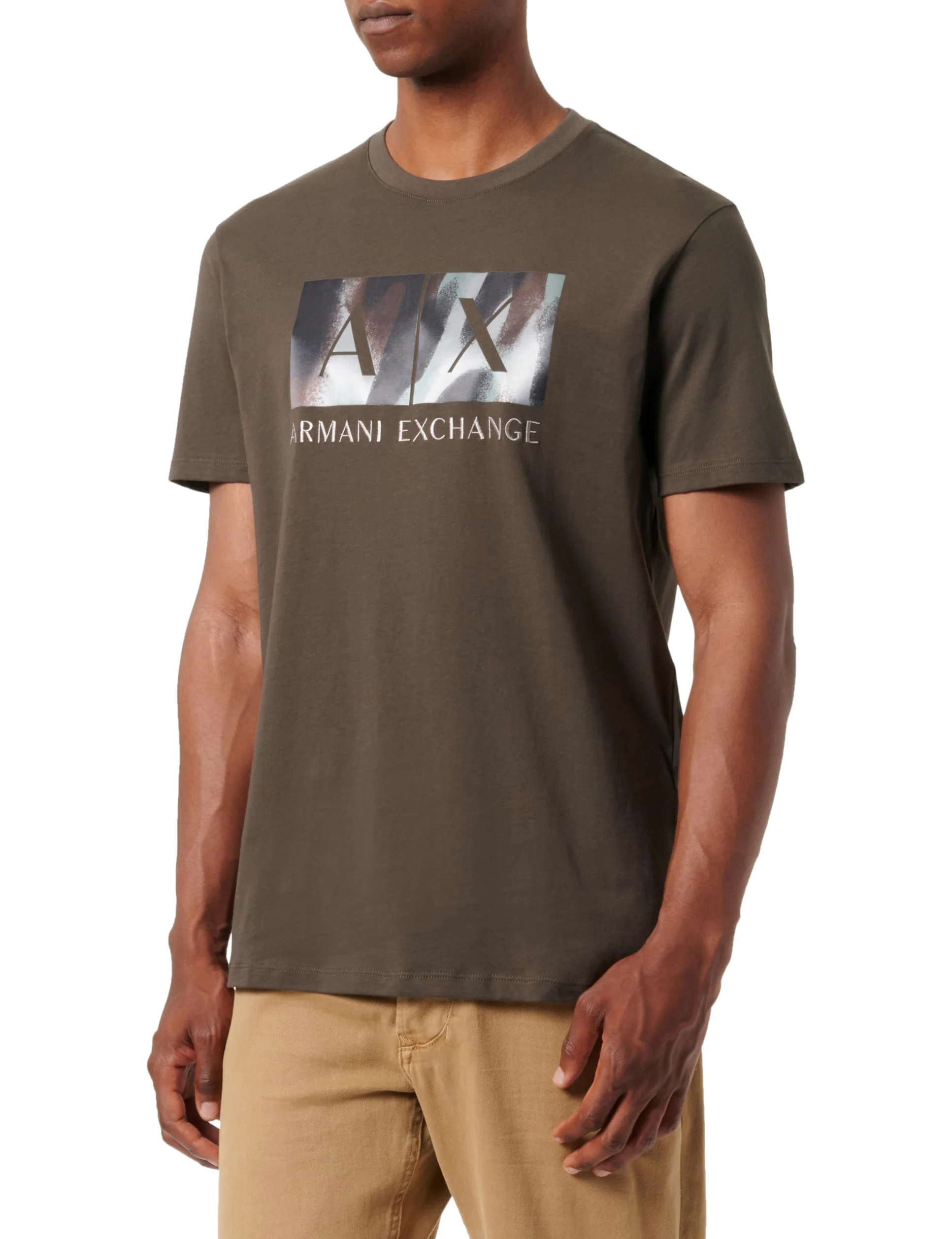 Armani Exchange Męska koszulka Classic Ax Box z logo Camo Background Regular Fit Tee T-Shirt, czarny/oliwkowy (Black Olive), XL