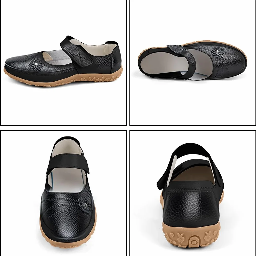 OFFCUP Damskie skórzane buty Mary Jane, damskie płaskie buty o szerokim kroju, kwiecista podeszwa z rzepem do chodzenia na co dzień sandały buty, buty pielęgniarskie do pracy biura, rozmiar 36/6,5/7