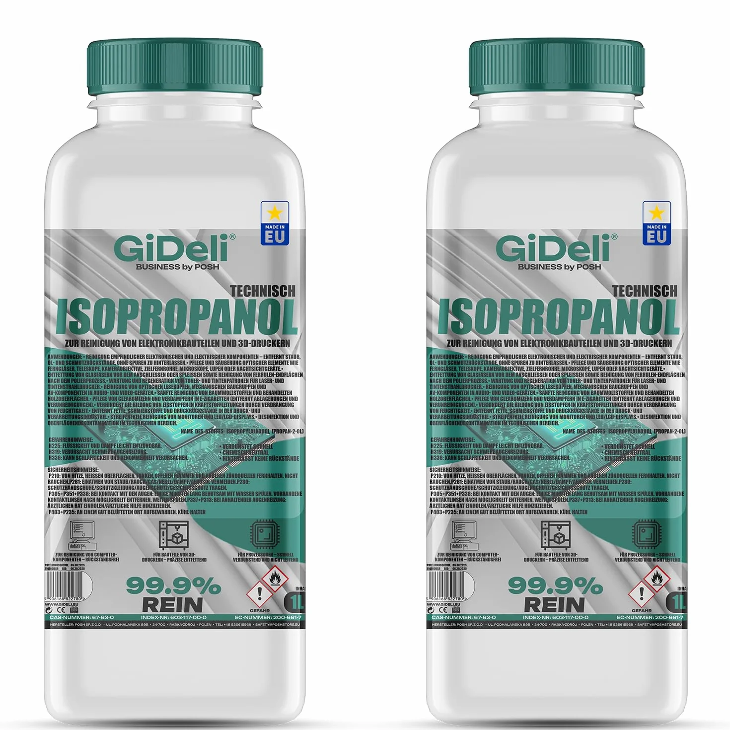 GiDeli Isopropanol Techniczny alkohol izopropylowy 99,9%, 2 x 1 l, czyszczenie elementów elektronicznych i akcesoriów do drukarek 3D
