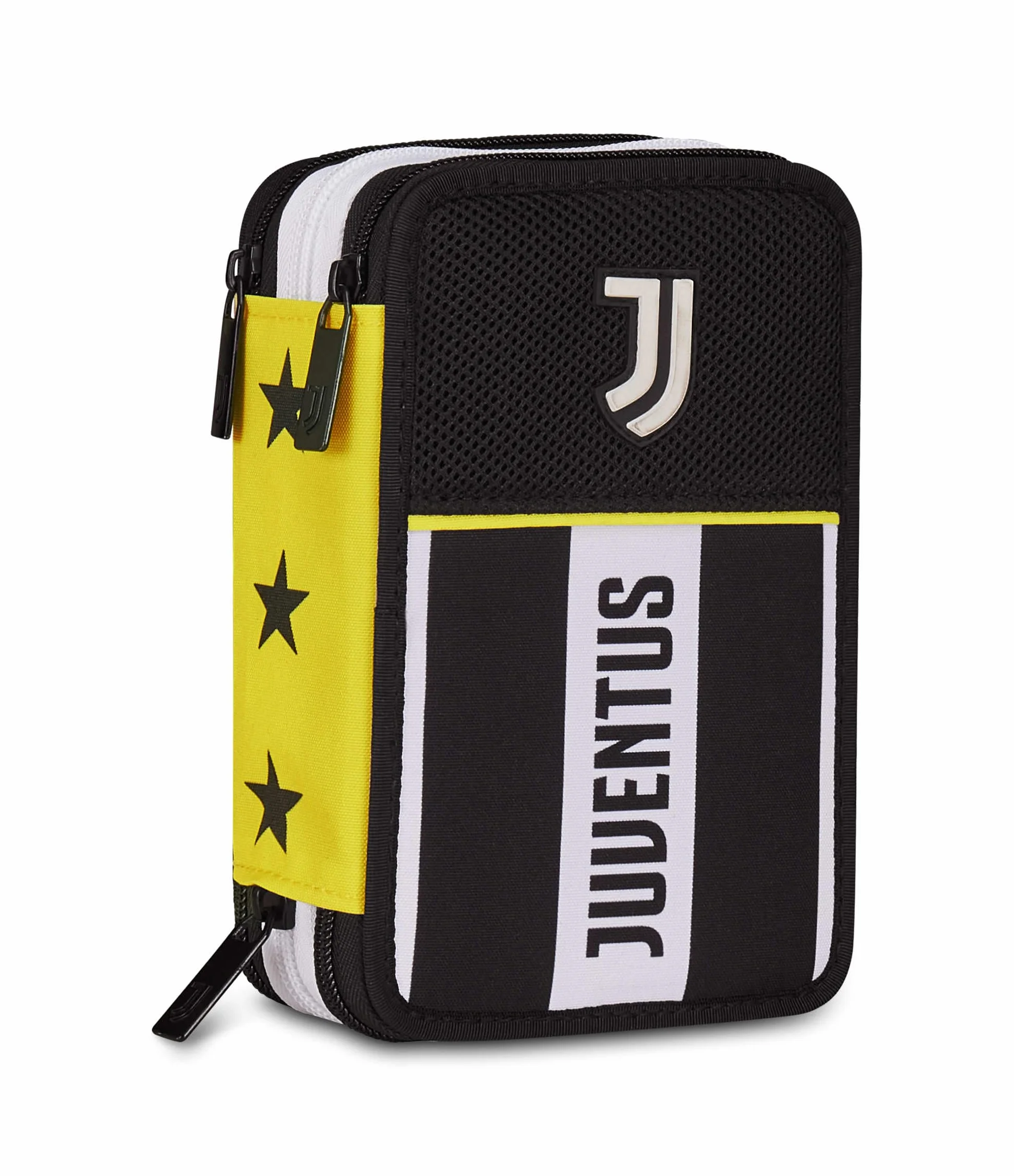 Seven Juventus Piórnik szkolny z 3 zamkami błyskawicznymi, czarny, potrójny pojemnik na długopisy, ołówki, kolory, szkoła podstawowa, dziecko, piłka nożna, czarne, nowoczesny