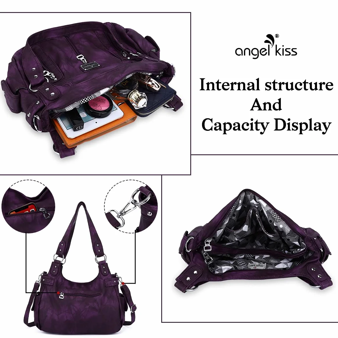 Angelkiss Duże torebki dla kobiet, sprane, sztuczna skóra, crossbody, hobo, na ramię