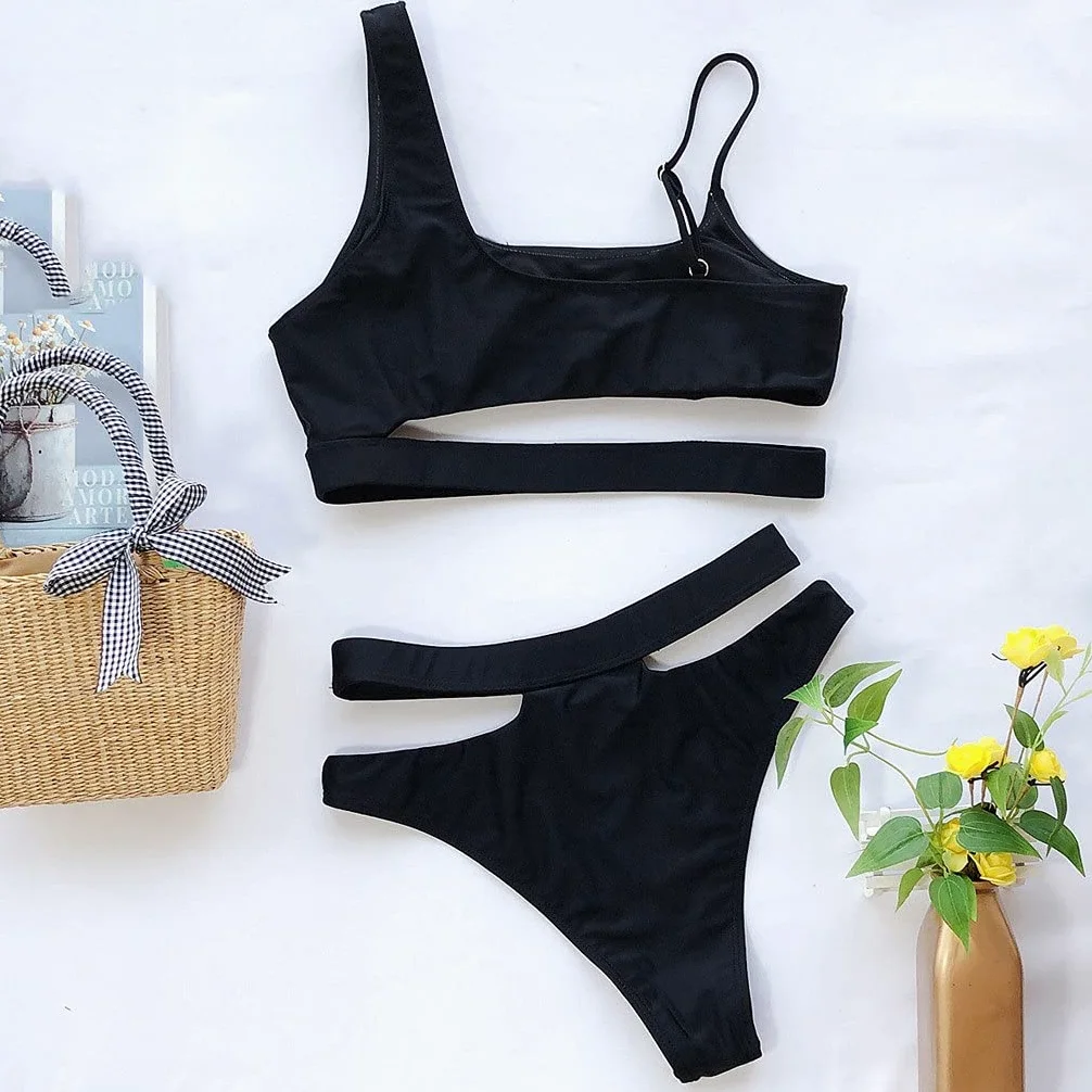 Moda seksowne damskie bikini w jednolitym kolorze push-up damskie stroje kąpielowe dwuczęściowy zestaw kostiumów kąpielowych kąpiący średnio talia kostium kąpielowy pływanie (kolor: czarny, rozmiar:
