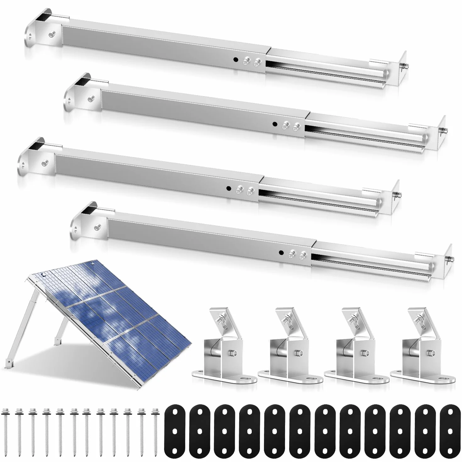 Eulenke Uchwyt do modułu solarnego (2 pary), wspornik modułów solarnych 0°-60°, aluminiowy panel słoneczny, uchwyt płaski dach 38 cm - 68 cm, regulowany, zestaw montażowy do elektrowni balkonowej,