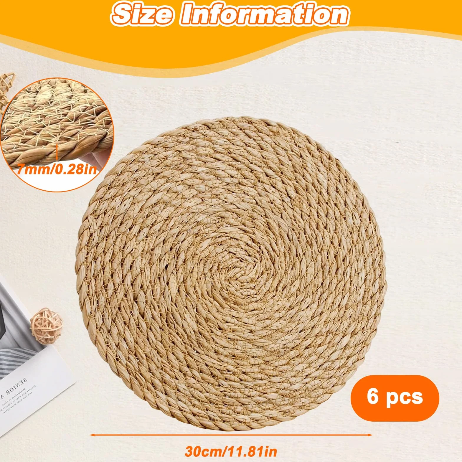 6 okrągłych podkładek z wikliny, okrągłe podkładki hiacynt wodny naturalna słoma 30 cm, pleciona podkładka okrągła boho elegancki stół stołowy na stół jadalny, dom, wesela