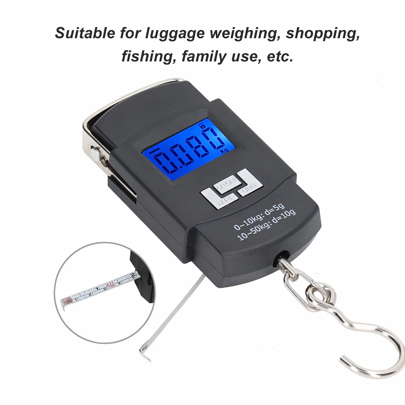 Sxhlseller Wagi bagażowe z wyświetlaczem cyfrowym, przenośna waga do ryb o udźwigu 50 kg, przenośna waga z 4 jednostkami masy na zakupy, podróże, wędkarstwo