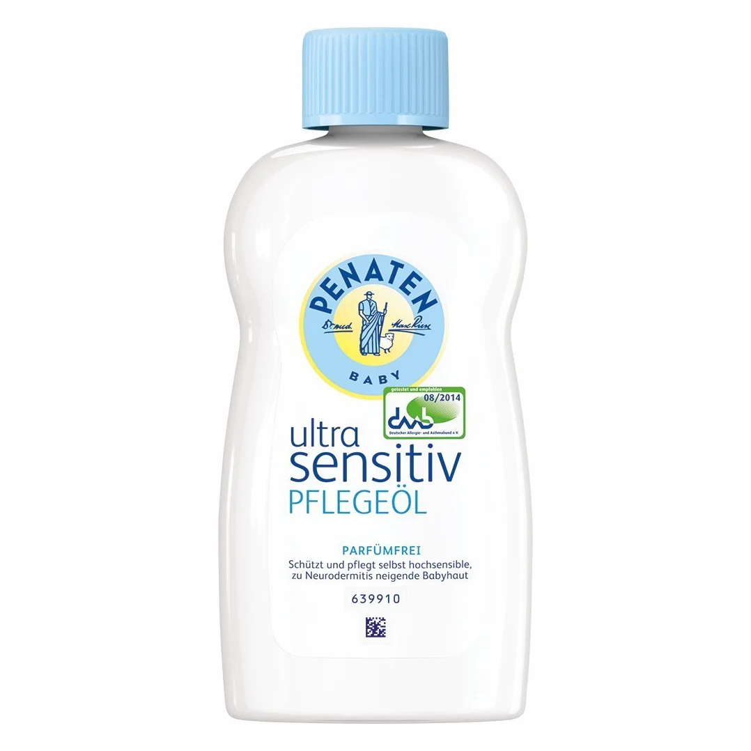 Penaten Ultra Sensitiv Olejek pielęgnacyjny (200 ml), ochronny olejek do masażu dla niemowląt, pielęgnujący olejek do ciała dla niemowląt, bezzapachowy olejek do ciała dla noworodków do podstawowej