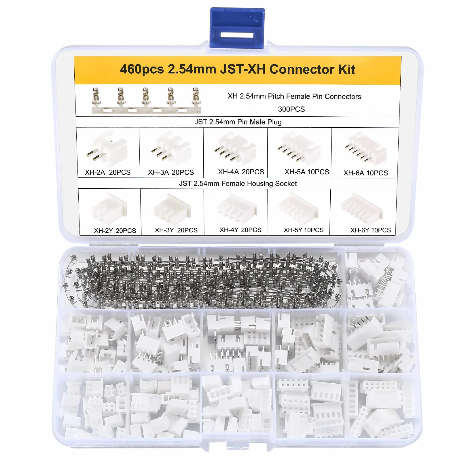 Zestaw 460 sztuk wtyków JST-XH, 2,54 mm 2/3/4/5/6 Pin męski i żeński kabel adaptera wtyczka gniazdo, 2,54 mm żeńskie złącze metalowe pin, gniazdo wtykowe, biała wtyczka płytkowa