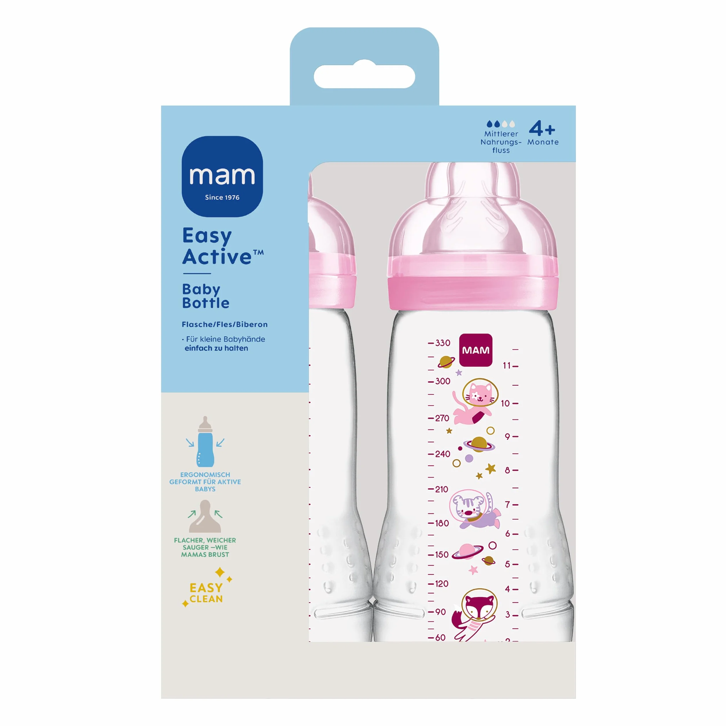 MAM Easy Active butelka do picia w zestawie 2 szt. (330 ml), butelka do picia dla niemowląt wraz z przyssawką MAM rozmiar 2, z silikonu SkinSoft, butelka na mleko o ergonomicznym kształcie, 4