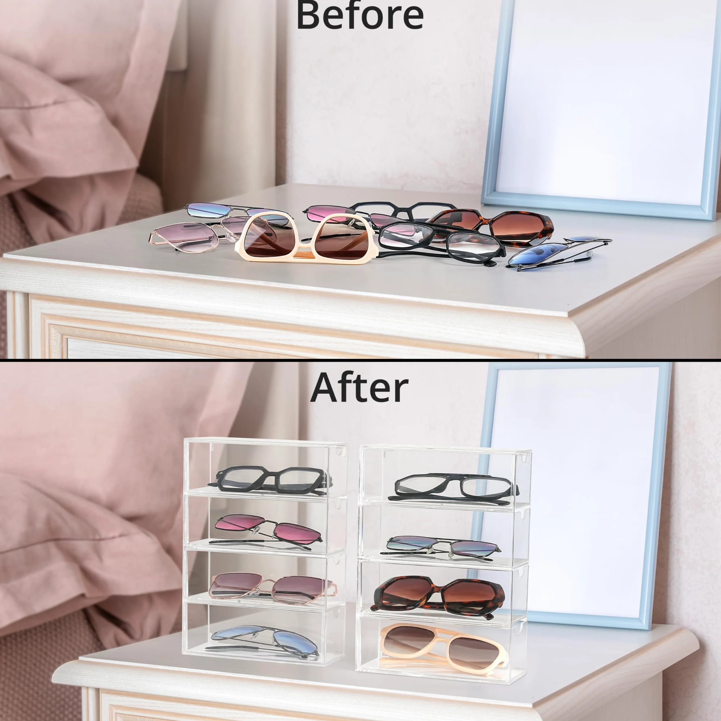 Winter Shore Organizer na Okulary z Akrylu z 4 Szufladami [Zestaw 2szt.] - Przezroczysty Pojemnik na Okulary, Okulary Przeciwsłoneczne i Akcesoria - Zestaw 2 Stosowalnych Organizerów na 8 Par Okularów