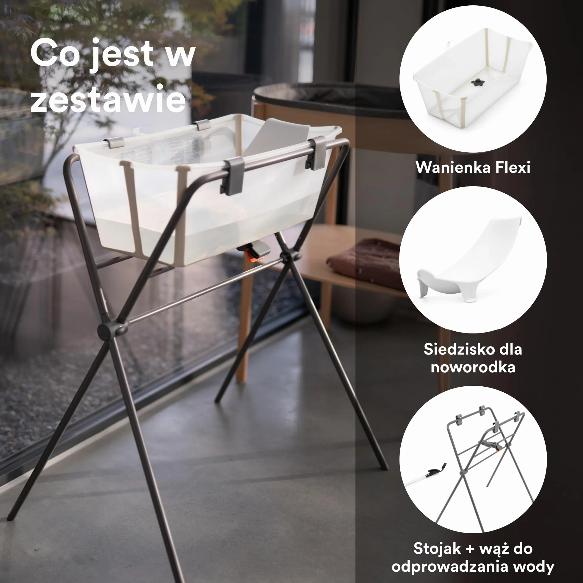 Wanienka Stokke Flexi (piaskowy beż) + leżak dla noworodka + stojak na wannę Flexi - idealne dla noworodka i niemowląt do 48 miesiąca życia - składana, trwała i łatwa w przechowywaniu