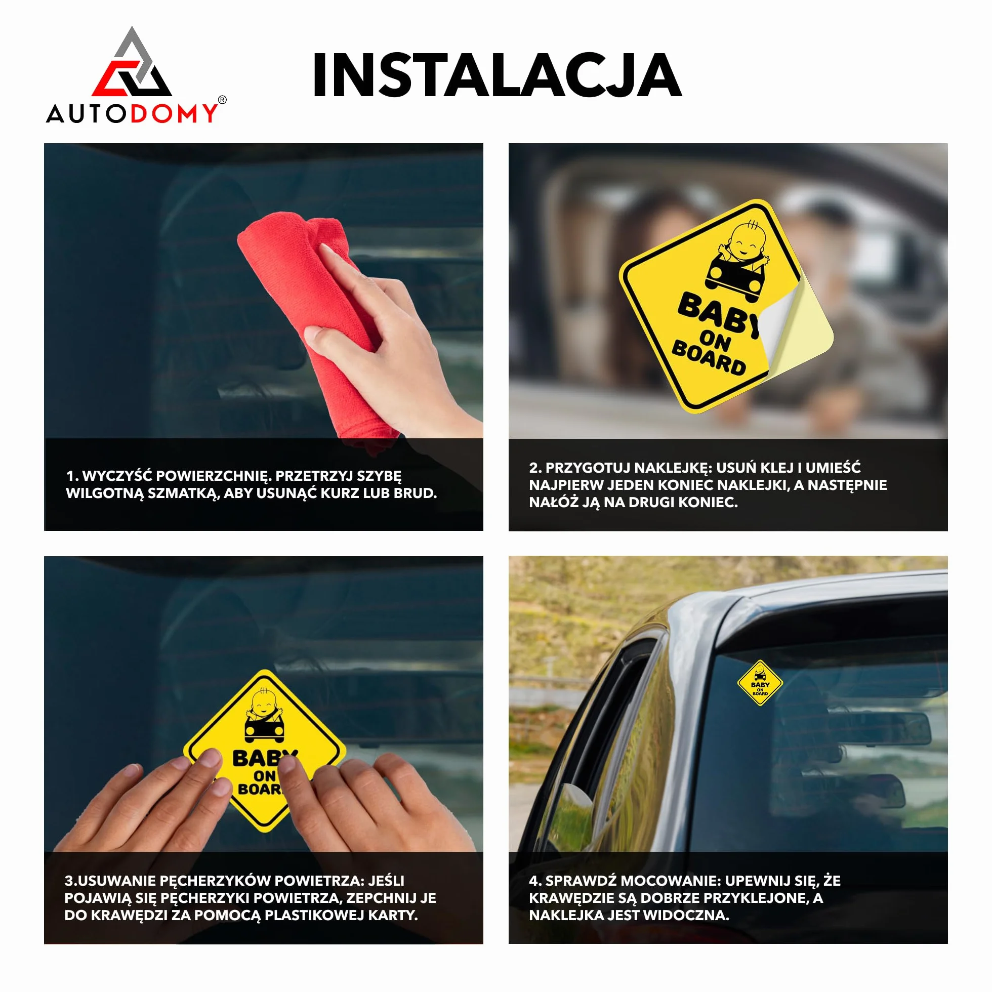 Autodomy Naklejka Dziecko na Pokładzie Zestaw 2 sztuki | Naklejki Baby On Board 10x10 cm | Widoczna z Dużej Odległości | Łatwa Aplikacja (Do Użytku Zewnętrznego)