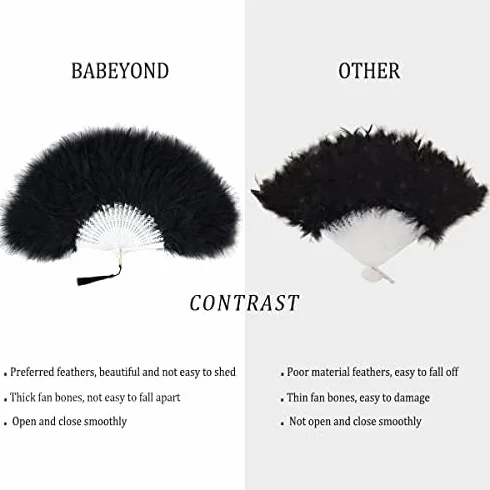 BABEYOND Damski wachlarz ręczny w stylu vintage w stylu lat 20. XX wieku, marabou, pióra, kostium Gatsby, akcesoria, czarny uchwyt