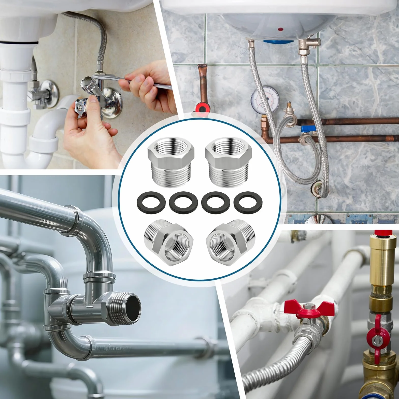Złączka redukcyjna 1/2 do 3/8-4 sztuki adapter 1/2 do 3/8 cala, złączka gwintowana z 4 pierścieniami uszczelniającymi, zewnętrzne połączenia gwintowane wewnętrzne, złączka gwintowana mufa