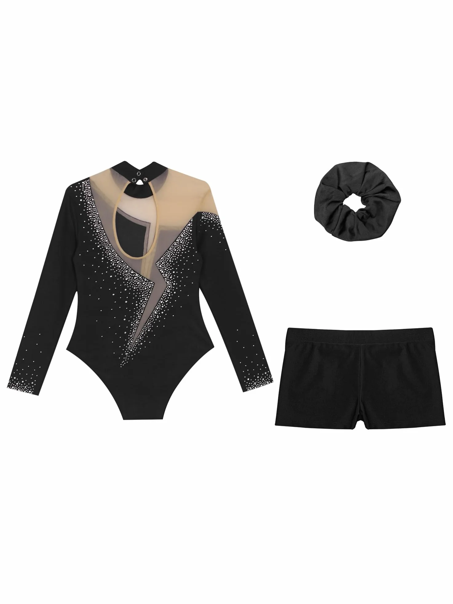 Alvivi Dziewczęcy strój gimnastyczny, brokatowy strój gimnastyczny, długi rękaw, gimnastyka, leotard, z krótkimi spodniami, opaska na włosy, body gimnastyczne, odzież gimnastyczna