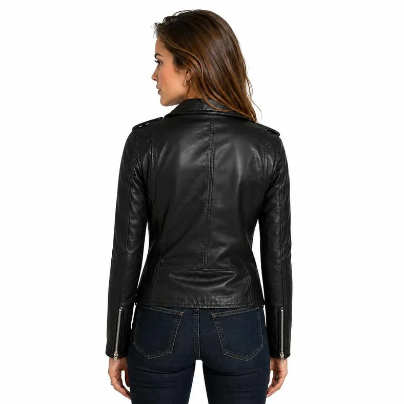 URBAN 5884 Damska kurtka skórzana z prawdziwej skóry jagnięcej, kurtka motocyklowa Amy Slim Fit, asymetryczny zamek błyskawiczny, miękka skóra, czarna, czarny, 5XL