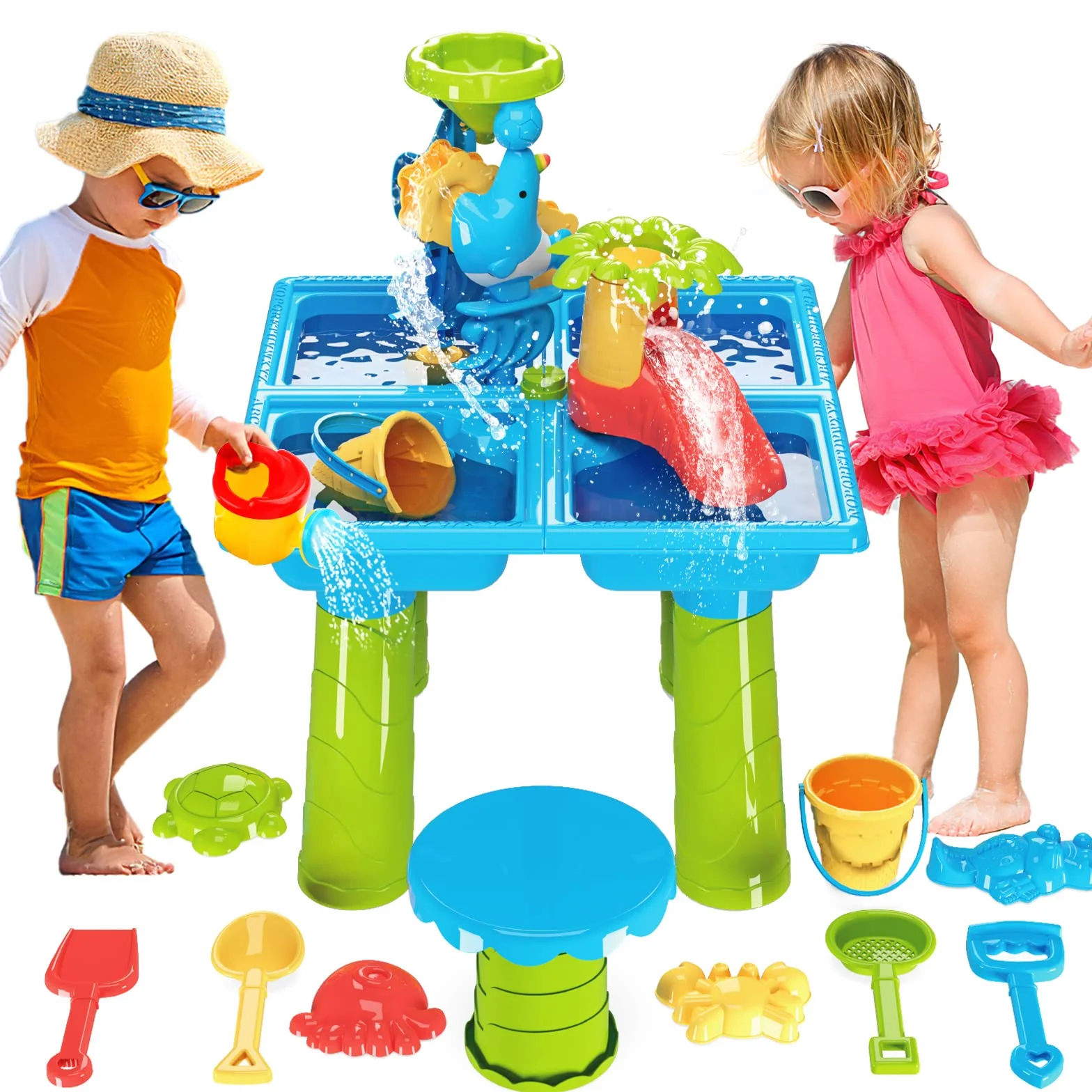 deAO Stół do zabawy wodnego 4 w 1, stół wodny dla dzieci, w zestawie stół do piasku i wody, forma do piasku, szufla, konewka, aktywność sensory play, stół do piasku, zabawka dla dzieci od 2, 3, 4 lat,