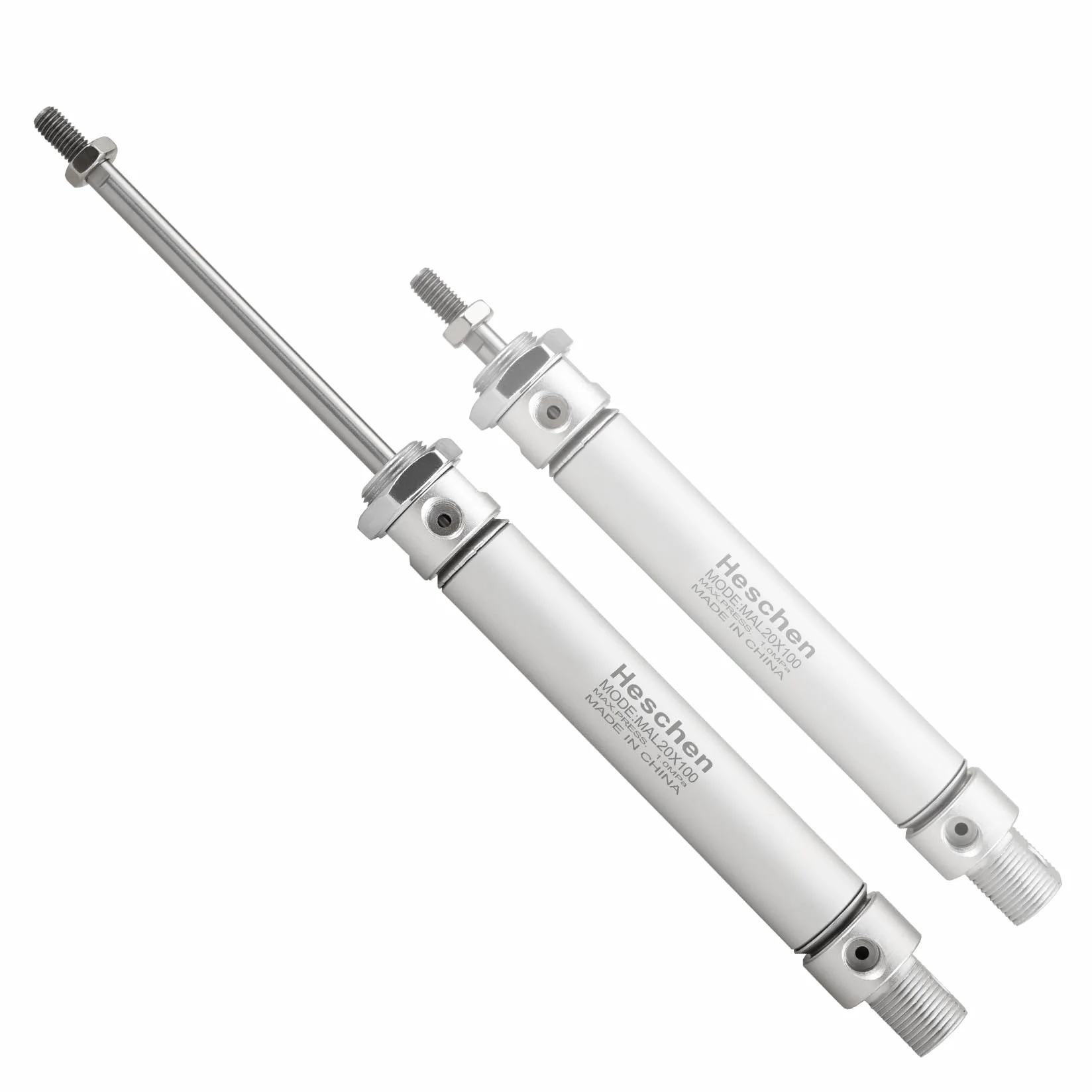 Heschen Smukły pneumatyczny cylinder pneumatyczny, MAL 20-100, otwór 20 mm, skok 100 mm, dwustronny, port PT1/8 cala, metal, 145 PSI