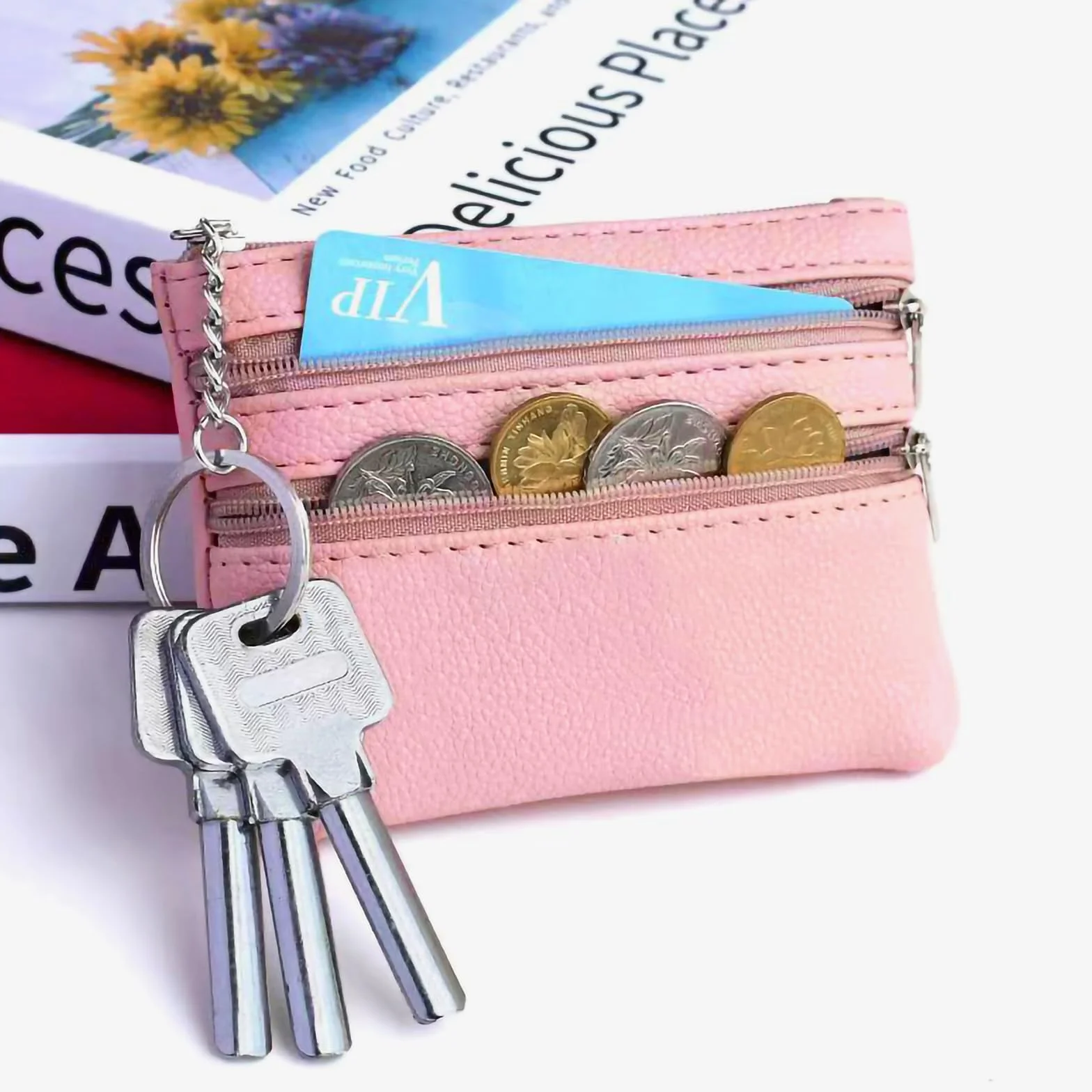 Aucuu Portmonetka ze skóry z zamkiem błyskawicznym, etui na karty i klucze, damska mini portmonetka, z 3 przegrodami i breloczkiem, mała i lekka, łatwa do przenoszenia, 12 * 8 CM, 13*9*1.8cm