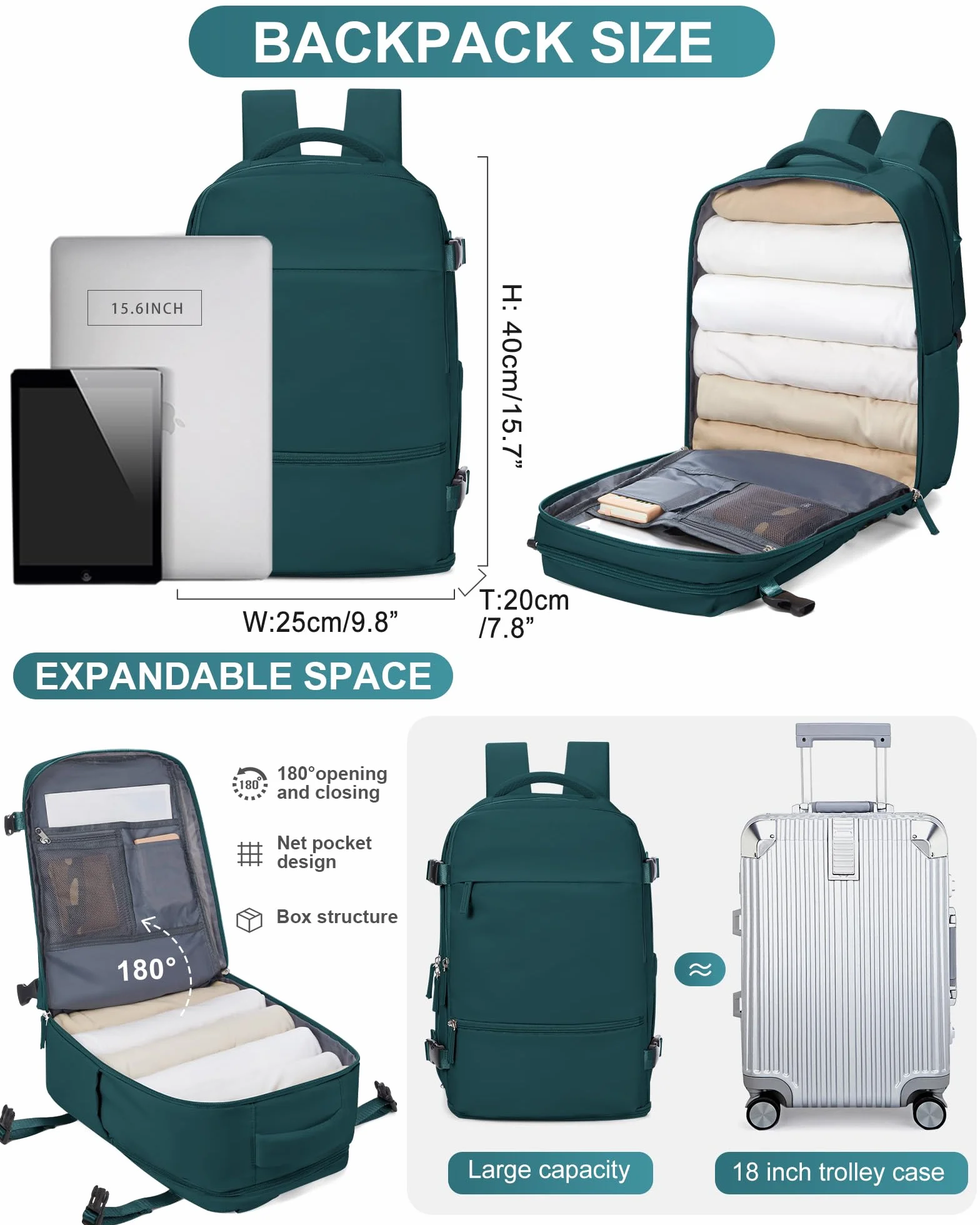Bagaż podręczny Plecak 40x30x20 do podróży Ryanair, bagaż podręczny pod siedzeniem, torba podróżna do samolotu, wodoodporny plecak codzienny turystyczny,G3-Pawi niebieski