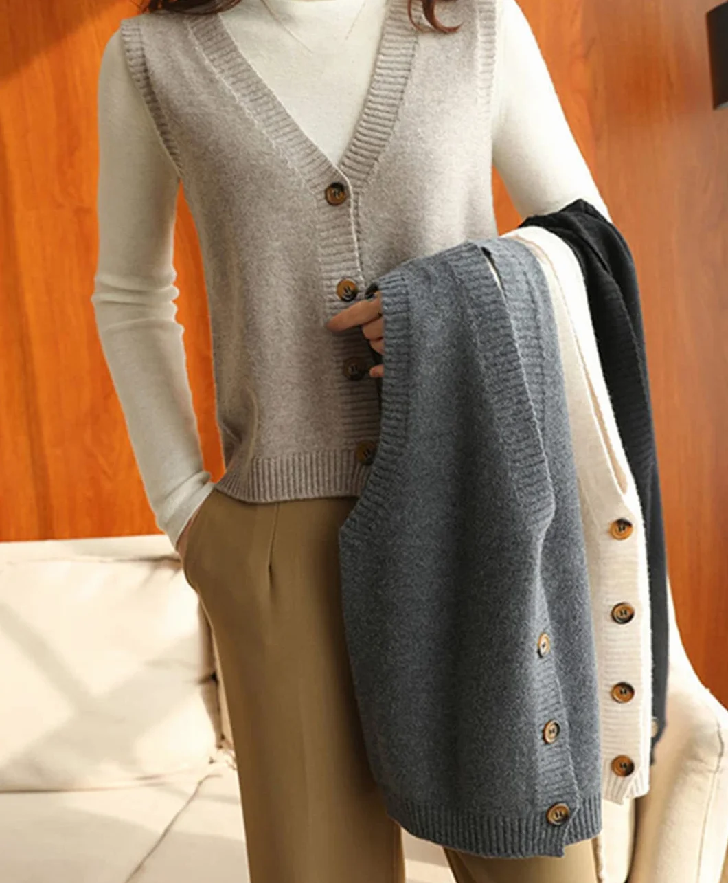 Ownwfeat Damski sweter bez rękawów z dzianinową krótką kamizelką