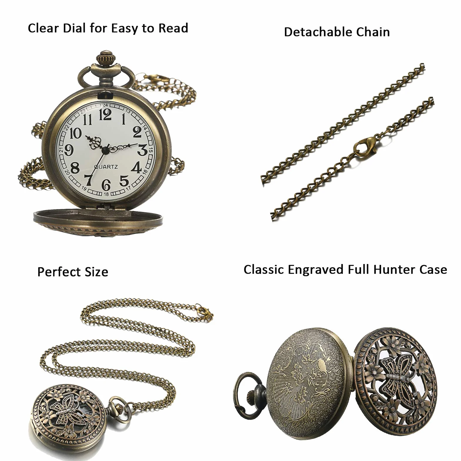 JewelryWe Prezent na Dzień Matki, retro zegarek kieszonkowy z łańcuszkiem, dla kobiet i mężczyzn, analogowy, kwarcowy, zegarek łańcuszkowy, wisiorek z łańcuszkiem, prezent dla kobiet i mężczyzn, Typ