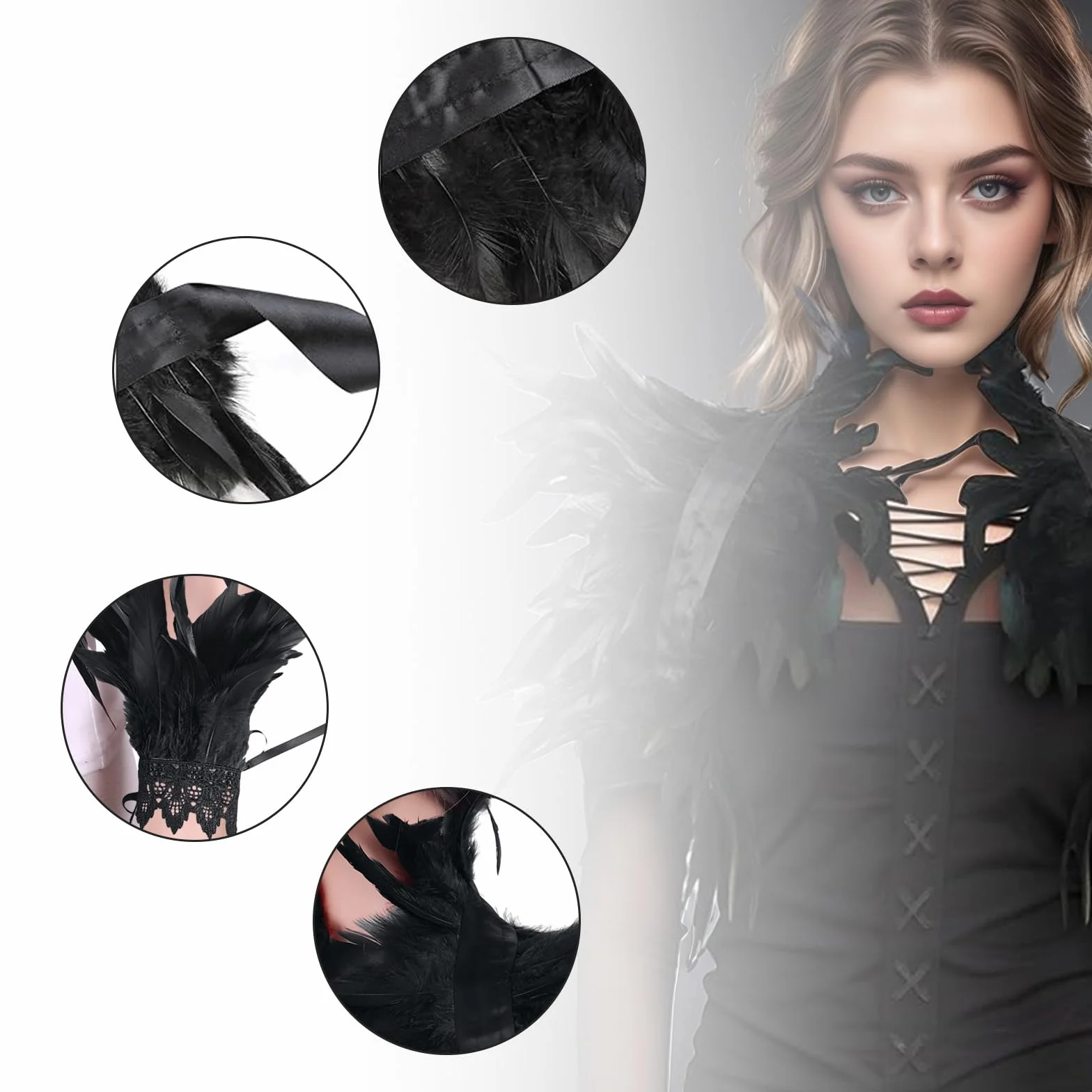 Czarna peleryna z piór, gotycka, szal z mankietami z piór, maska, wzruszające ramionami, szal z piór, zła królowa, akcesoria do kostiumu, spódniczka z piór, na Halloween, karnawał, cosplay